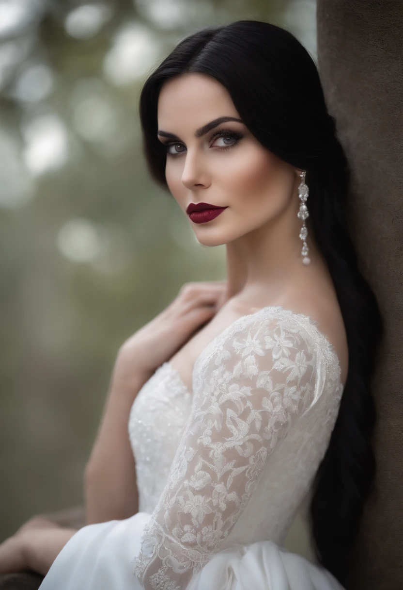 Young white woman with straight black hair and crimson eyes, piel blanca de porcelana, cuerpo completo, pechos grandes con vestido blanco de gala, alta calidad, High resolution, 8k, Disco duro, (Well-designed body), Amazing body, (Super detailed), Hermosos ojos, ultra detallado, Ultraealista