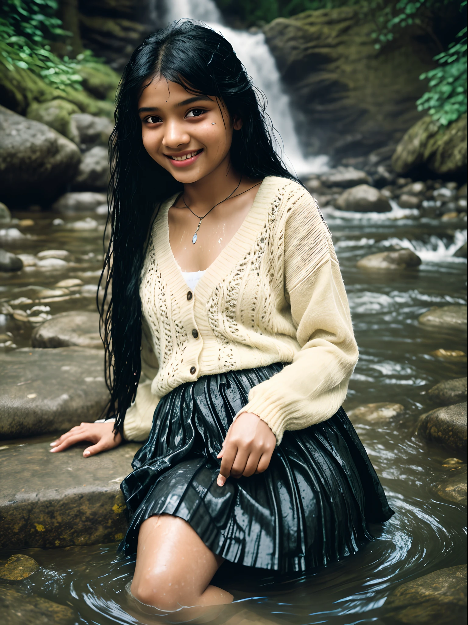 Beautiful, realistic,12-year-old, Sri Lankan, girl with long black hair Wearing a short skirt and brawoman sitting in the water in a river, next to a waterfall, in water up to her shoulders, dripping wet, bathing in a waterfall, cute girl, in the water, in a river in the jungle, yellow cardigan, dark lace chemise, dark brown skirt, top button open, layered clothing, open neck, close up, depth of field, beautiful model, playing in waterfalls, with waterfalls, wet clothes, oily clothes, dripping water, running water, smile, depth of field, overcast, misty