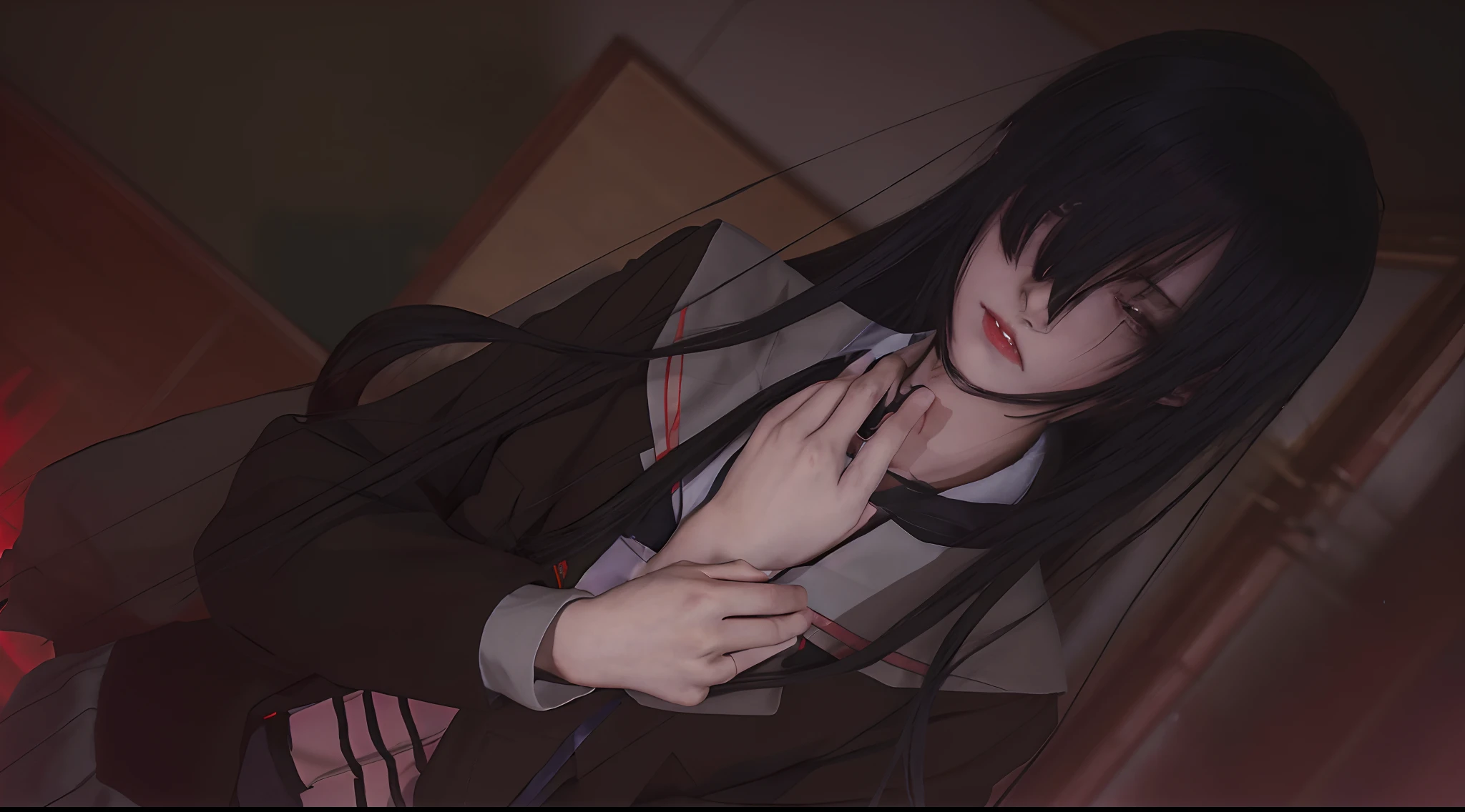 Anime girl with long black hair and black jacket, gapmoe yandere, gapmoe yandere grimdark, yandere, Demonic atmosphere, portrait gapmoe yandere grimdark, Hanayamata, style anime, As fate/stay night, Noir gloomy scene, yandere. ah high, misato katsuragi, ilya kuvshinov with long hair