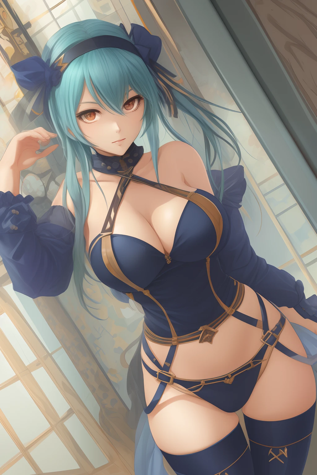 A very beautiful and attractive anime girl with blue hair and small waist and big ass and big breasts --auto --s2