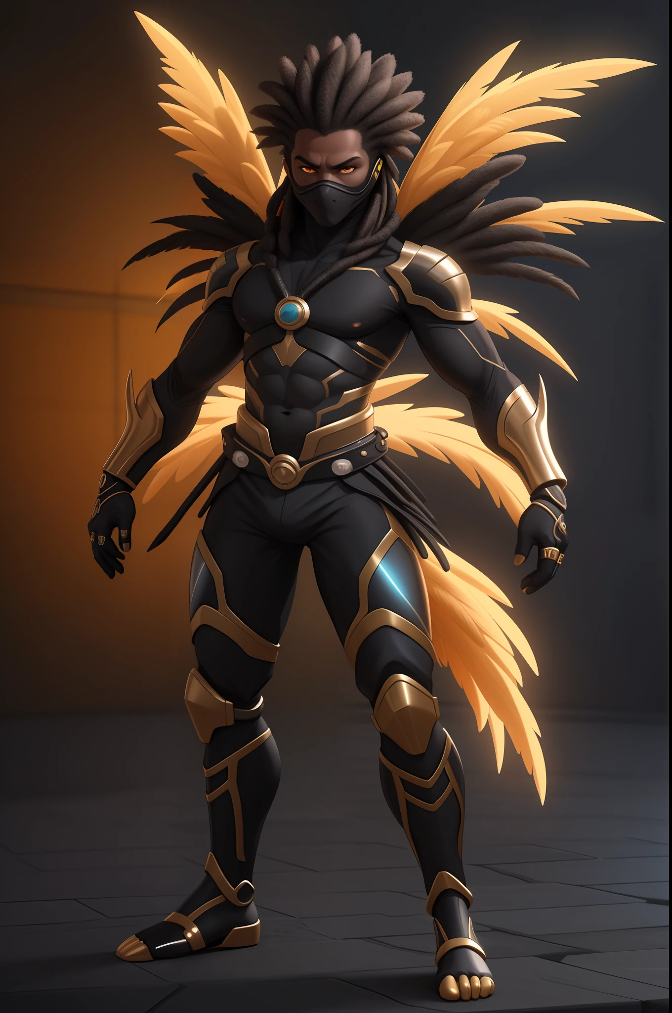 Create an image of a black ninja after an apocalypse in the future, afro cabelo caindo para frente, Rasta type but braided,tiro de corpo inteiro, tiro de corpo inteiro, vestindo um traje indiano ,African Tribule Biomechanical creature in humanoid form, A realistic 4K phoenix with orange feathers, with a serious expression and looking forward, corpo inteiro. com pele opalescente e escamas, master part, absolutamente perfeito, imagem impressionante, visualmente rico, intrinsecamente detalhado, arte conceitual, por Mschiffer, Bright holographic, cinemactic, papel de parede uhd, ......3d, octan render, Volumetric lights, corpo inteiro