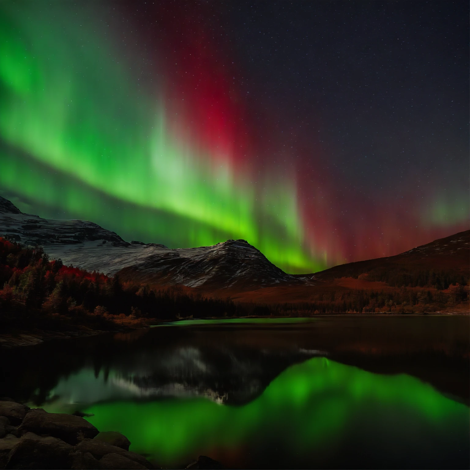 Master Parts、Superior Quality、superior image quality、The 8k quality、Beautiful pictures of the starry sky、magnifica、Arched Milky Way:1.25、Blue glacier、(Red and green aurora borealis:1.9)