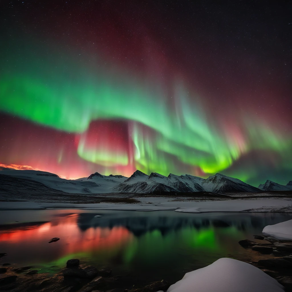 Master Parts、Superior Quality、superior image quality、The 8k quality、Beautiful pictures of the starry sky、magnifica、Arched Milky Way:1.25、Blue glacier、(Red and green aurora borealis:1.5)