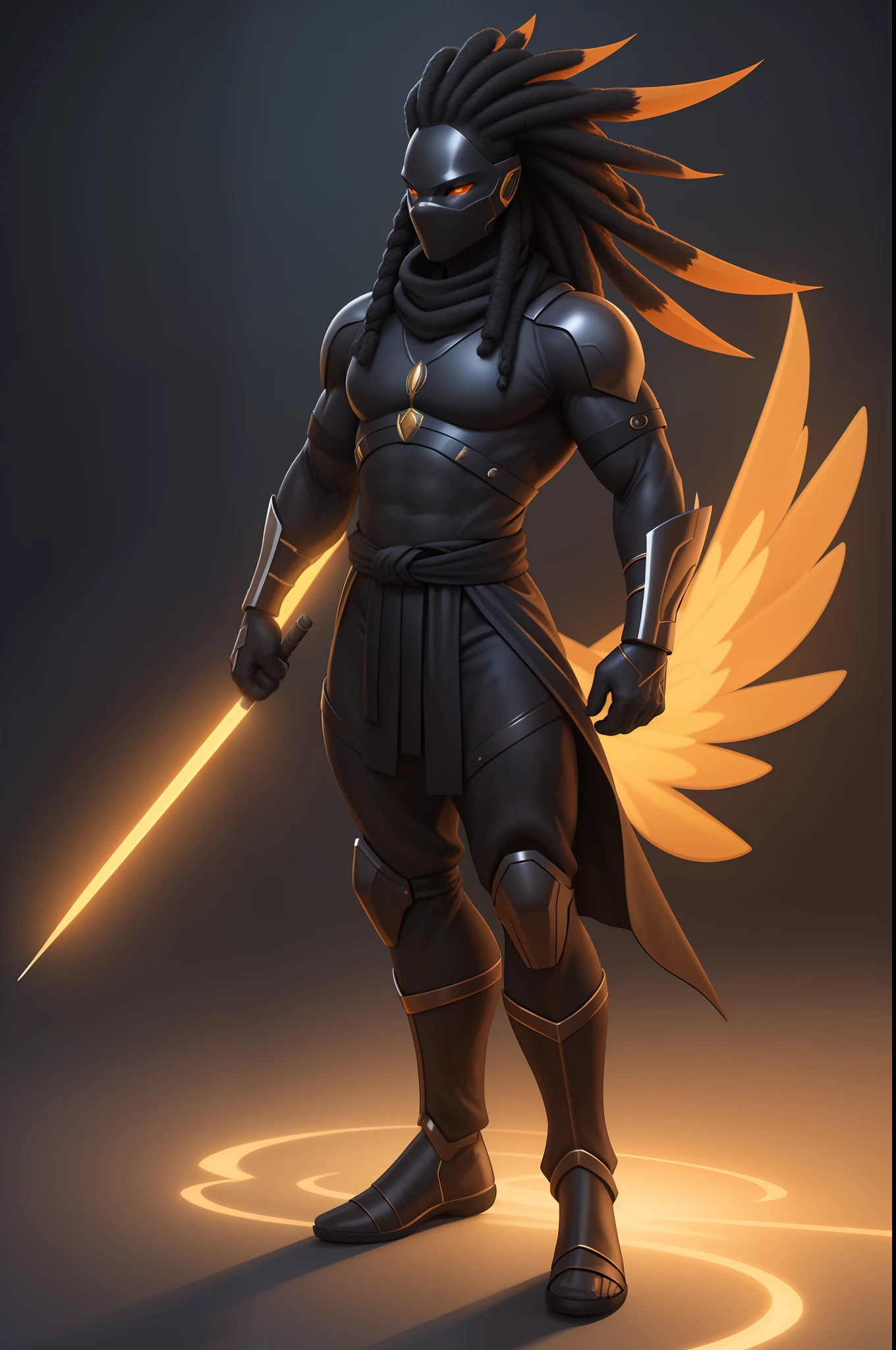 Create an image of a black ninja after an apocalypse in the future, afro cabelo caindo para frente, Rasta type but braided,tiro de corpo inteiro, tiro de corpo inteiro, vestindo um traje indiano ,African Tribule Biomechanical creature in humanoid form, A realistic 4K phoenix with orange feathers, with a serious expression and looking forward, corpo inteiro. com pele opalescente e escamas, master part, absolutamente perfeito, imagem impressionante, visualmente rico, intrinsecamente detalhado, arte conceitual, por Mschiffer, Bright holographic, cinemactic, papel de parede uhd, ......3d, octan render, Volumetric lights, corpo inteiro