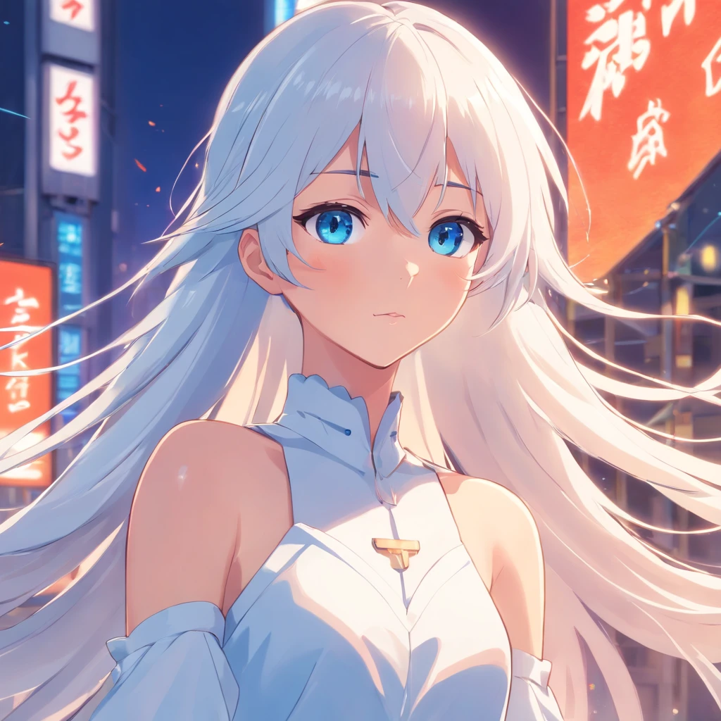 anime girl with long white hair and blue eyes in a white dress, Guviz, Guweiz in Pixiv ArtStation, Guviz-style artwork, Guweiz on ArtStation Pixiv, Girl with white hair, a beautiful anime portrait, detailed portrait of an anime girl, trending on artstation pixiv, Detailed digital anime art, Soft anime illustration