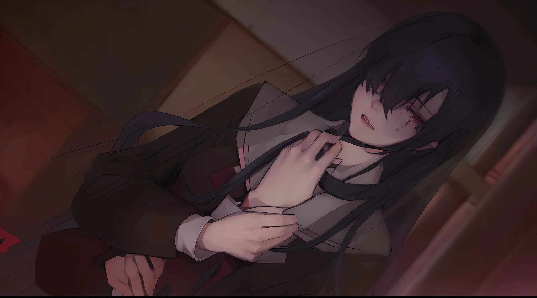 Anime girl with long black hair and black jacket, gapmoe yandere, gapmoe yandere grimdark, yandere, Demonic atmosphere, portrait gapmoe yandere grimdark, Hanayamata, style anime, As fate/stay night, ???? gloomy scene, yandere. ah high, misato katsuragi, ilya kuvshinov with long hair