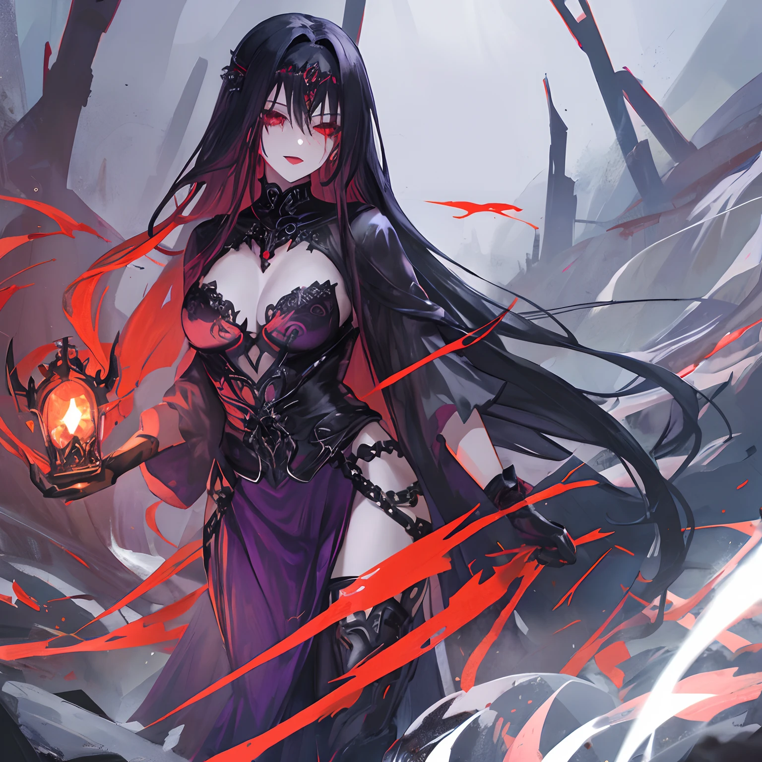 Woman, long dark purple hair, red eyes with a bright light, black long open dress, witch, silver jewelry in the shape of ribs, metal mask on half of the face, black lipstick