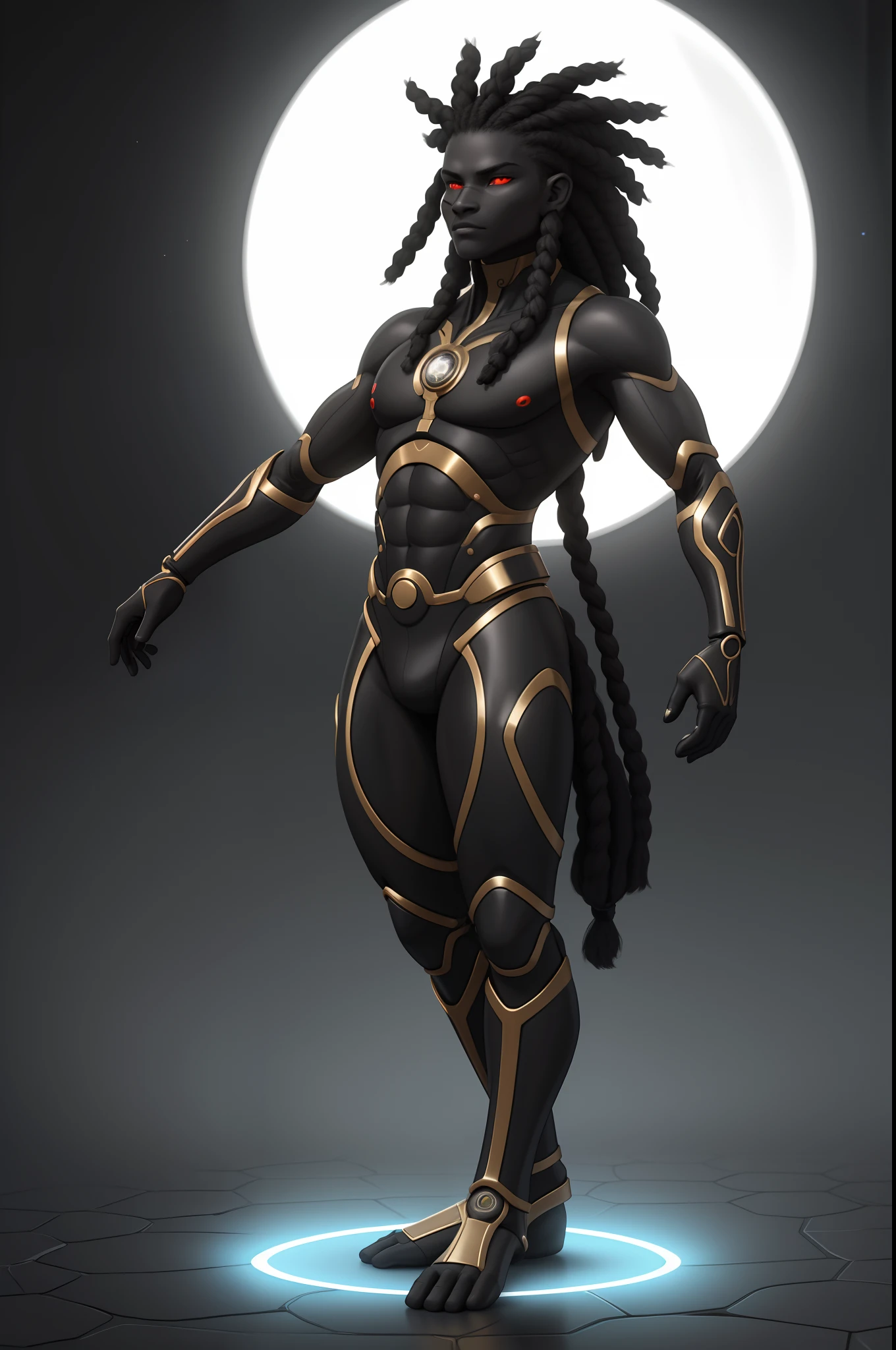 Create an image of a black ninja after an apocalypse in the future, afro cabelo caindo para frente, Rasta type but braided,tiro de corpo inteiro, tiro de corpo inteiro, vestindo um traje indiano ,African Tribule Biomechanical creature in humanoid form, com pele opalescente e escamas, master part, absolutamente perfeito, imagem impressionante, visualmente rico, intrinsecamente detalhado, arte conceitual, por Mschiffer, Bright holographic, cinemactic, papel de parede uhd, ......3d, octan render, Volumetric lights, corpo inteiro