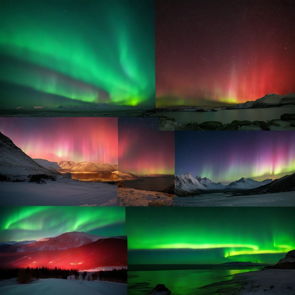 Master Parts、Superior Quality、superior image quality、The 8k quality、Beautiful pictures of the starry sky、magnifica、Arched Milky Way:1.25、Blue glacier:1.9、(Red and green aurora borealis:1.5)