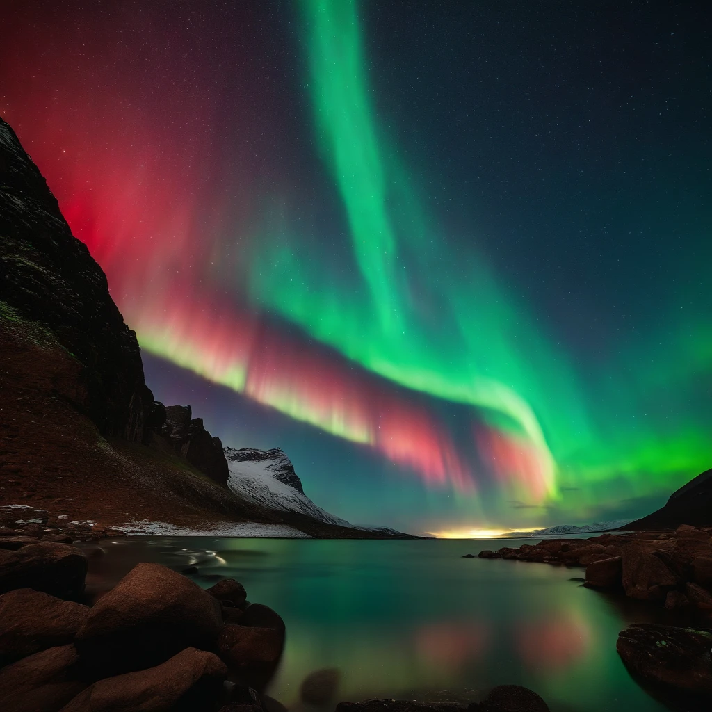 Master Parts、Superior Quality、superior image quality、The 8k quality、Beautiful pictures of the starry sky、magnifica、Arched Milky Way:1.25、Blue glacier:1.9、(Red and green aurora borealis:1.5)