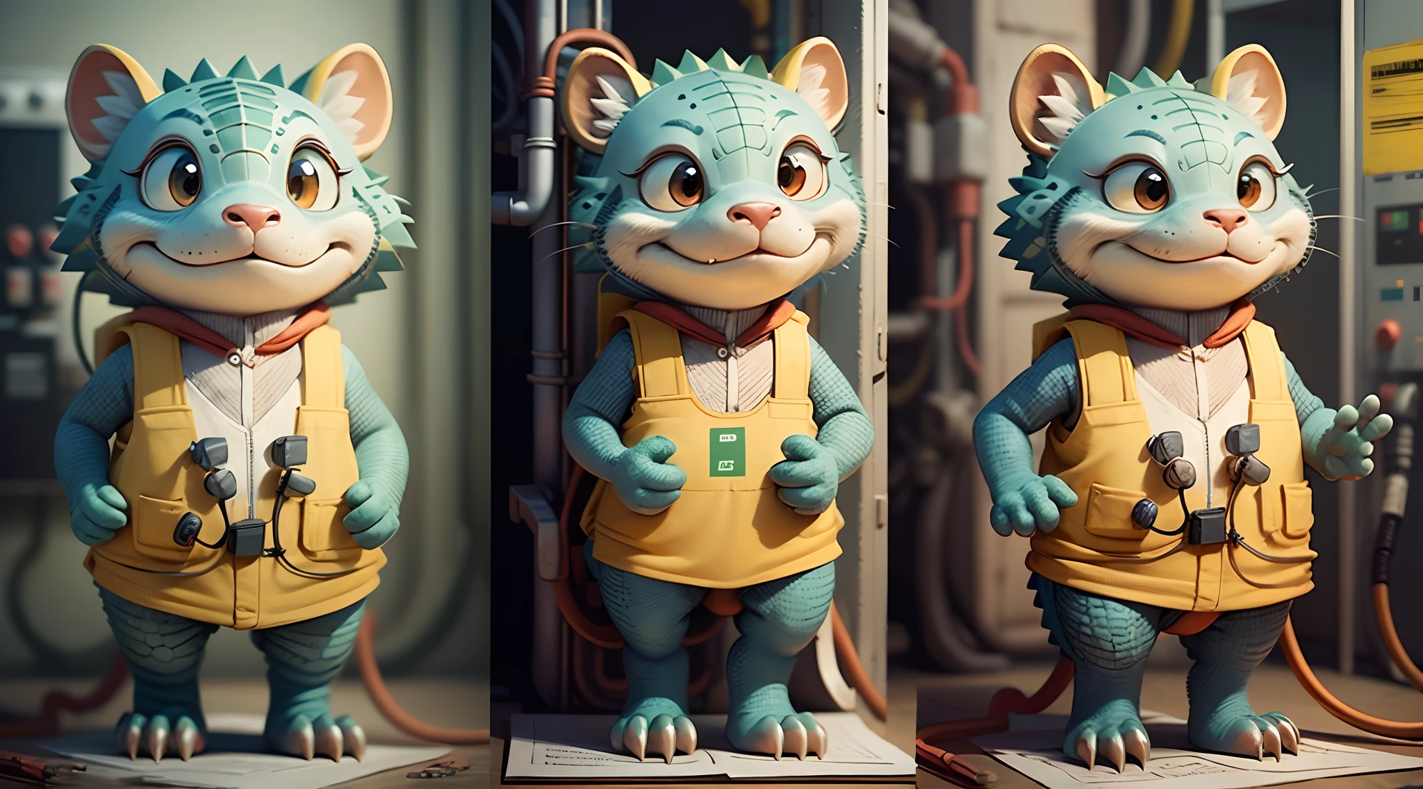 Standing on its hind legs Cheerful crocodile in electrician's work clothes, friendly looking, wearing equipment and a danger sign, close-up, character in Disney Pixar style, different angles, character sheet, white background --auto --s2