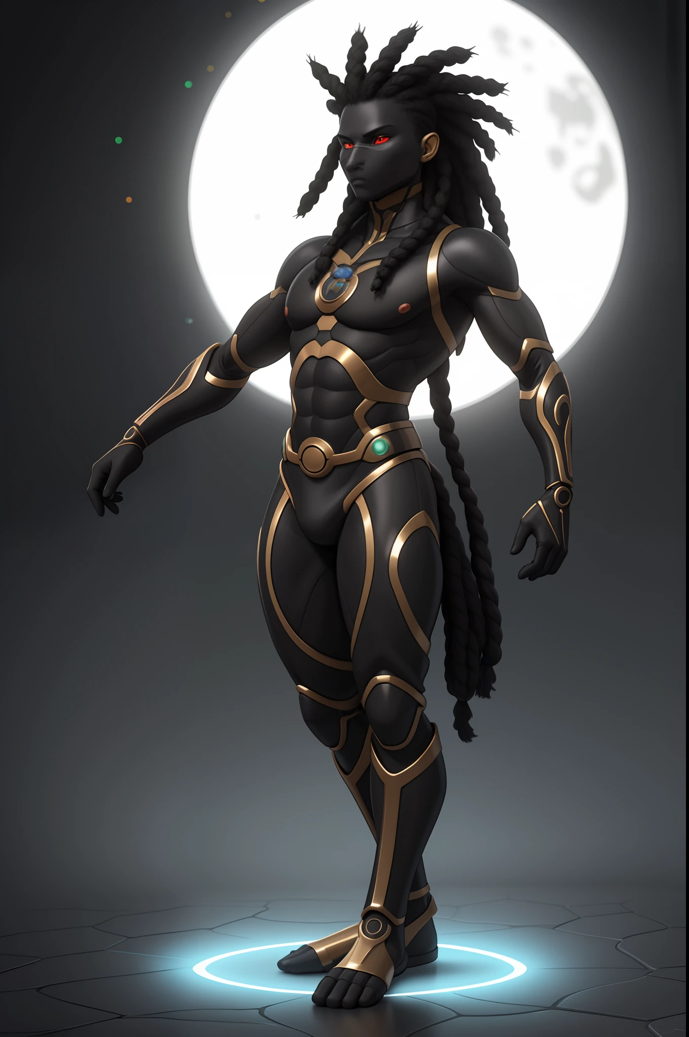 Create an image of a black ninja after an apocalypse in the future, afro cabelo caindo para frente, Rasta type but braided,tiro de corpo inteiro, tiro de corpo inteiro, vestindo um traje indiano ,African Tribule Biomechanical creature in humanoid form, com pele opalescente e escamas, master part, absolutamente perfeito, imagem impressionante, visualmente rico, intrinsecamente detalhado, arte conceitual, por Mschiffer, Bright holographic, cinemactic, papel de parede uhd, ......3d, octan render, Volumetric lights, corpo inteiro