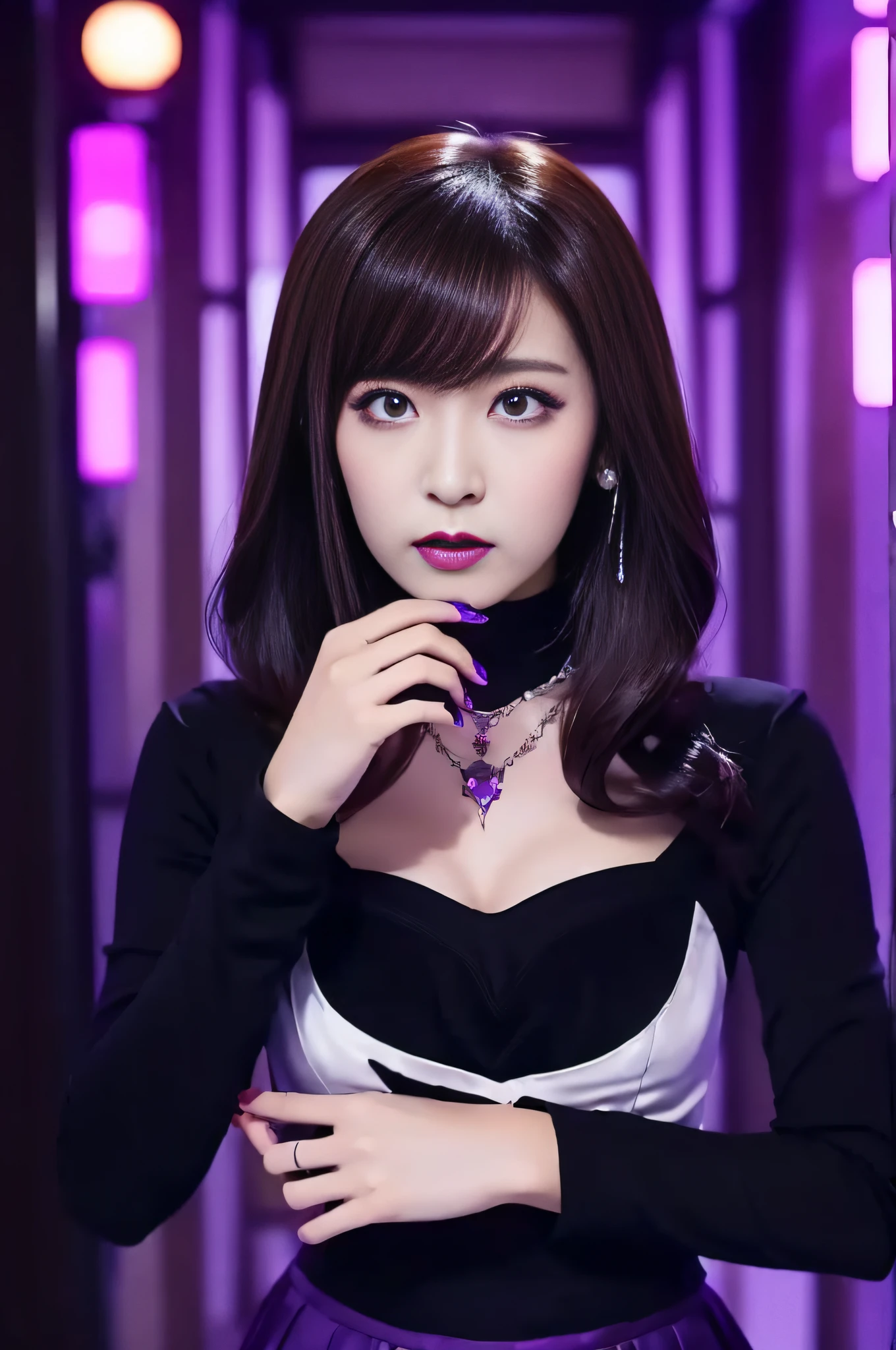 Charming Japanese style beauty、Brown hair、Evil Female Executive、Night city、Move ki、The Darkness、seductiv、brainwash、Retrofit equipment、Evil Fall、wicked、darkness、Purple Eyeshadow、black pantyhose、Evil Bride、Black pleated skirt、Dark