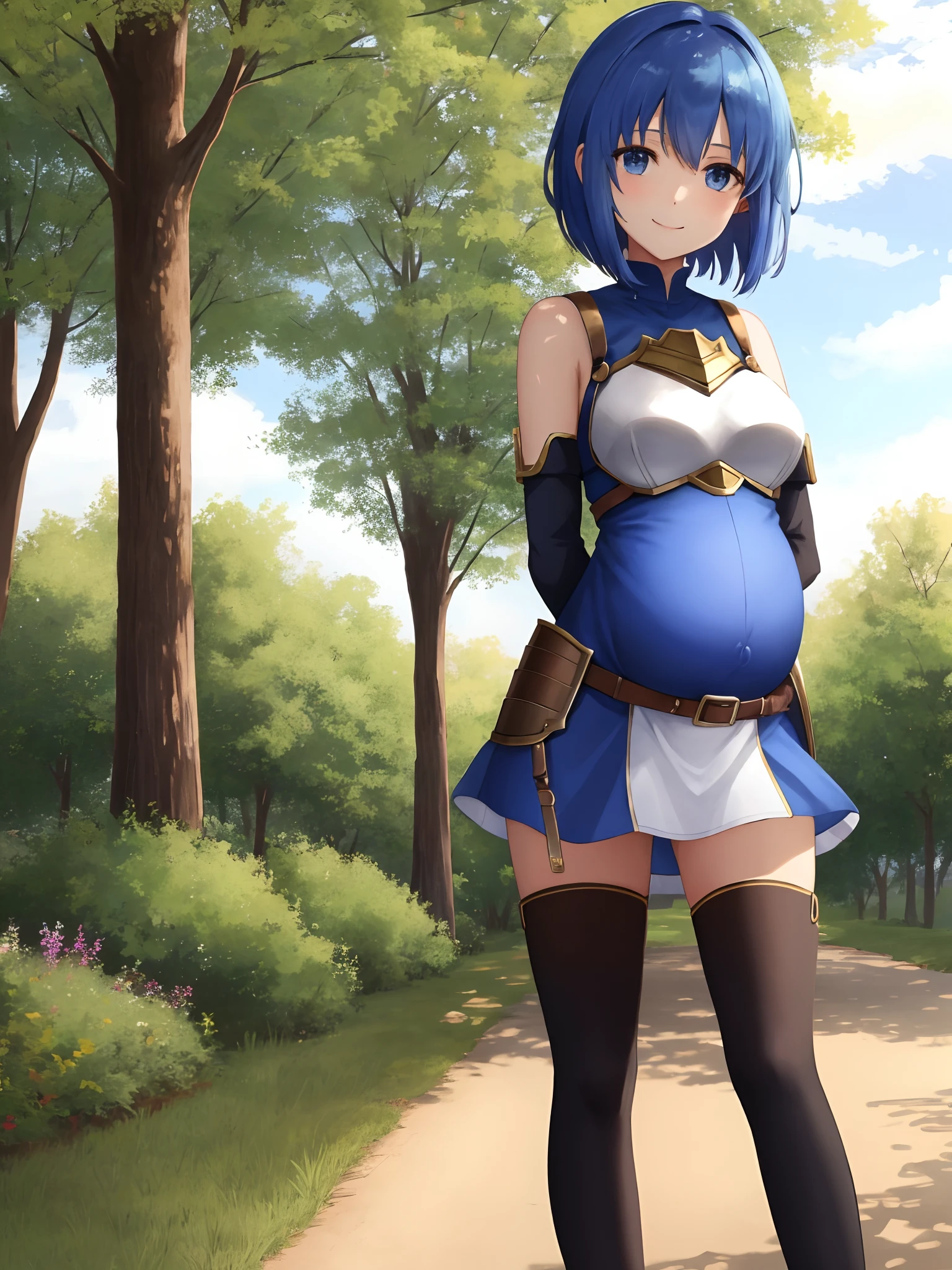 catria_echoes, 1girl, solo, looking at viewer, smile, short hair, pregnant, thighhighs, gloves, dress, bare shoulders, elbow gloves, belt, armor, zettai ryouiki, headband, arms behind back, short dress, breastplate, nature, park, trees