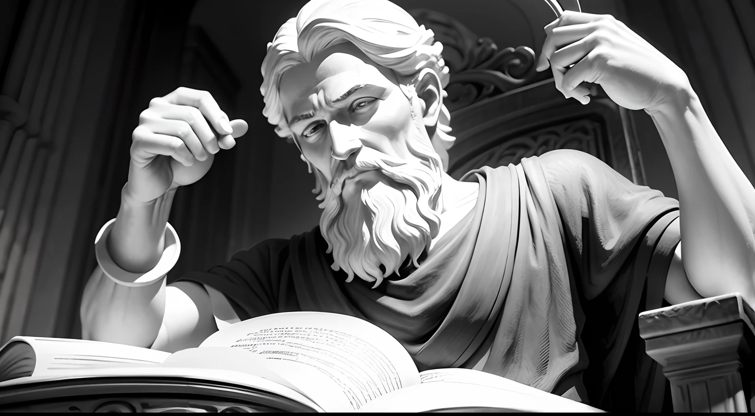 Monochrome and very detailed sculpture of the philosopher Epictetus
Sitting in a stone chair, position of authority/ensinamento
Segurando um livro aberto intitulado "O Manual de Epiteto"
Another hand raised in sign of wisdom
Dramatic lighting creating strong contrasts
Carved in the neoclassical style
Artistic photography in black and white and high definition