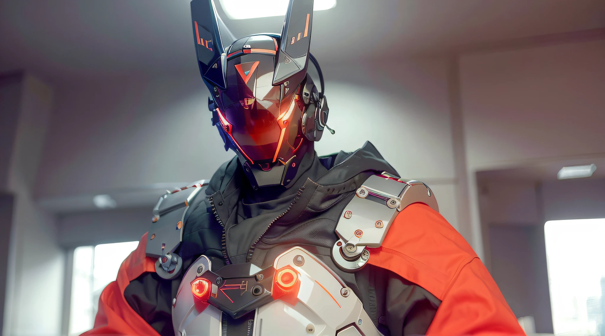 masterpiece, best quality, a close up of a futuristic looking cyborg man with a fantastic cyberhelmet head with red triangle led lights and a halo, wearing a orange techwear jacket, white background