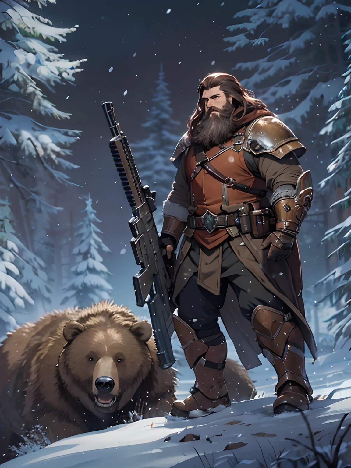 ((realistic: 1.5)),((best quality)), ((masterpiece)),((detailed)), man, obese, bearded, A painting of a dwarven male wielding a futuristic looking rifle inspired by warframe，Full-time hunter in fantasy battle armour, standing next to a dark brown bear, snow, trees covered in snow, mountains in the background, long-bearded-haired dwarven male，40 years old body，long brown hair，Anime comic style，（tmasterpiece，best qualtiy），vividness，Sleep in bed，The is very detailed，O cabelo multicolorido，concept-art