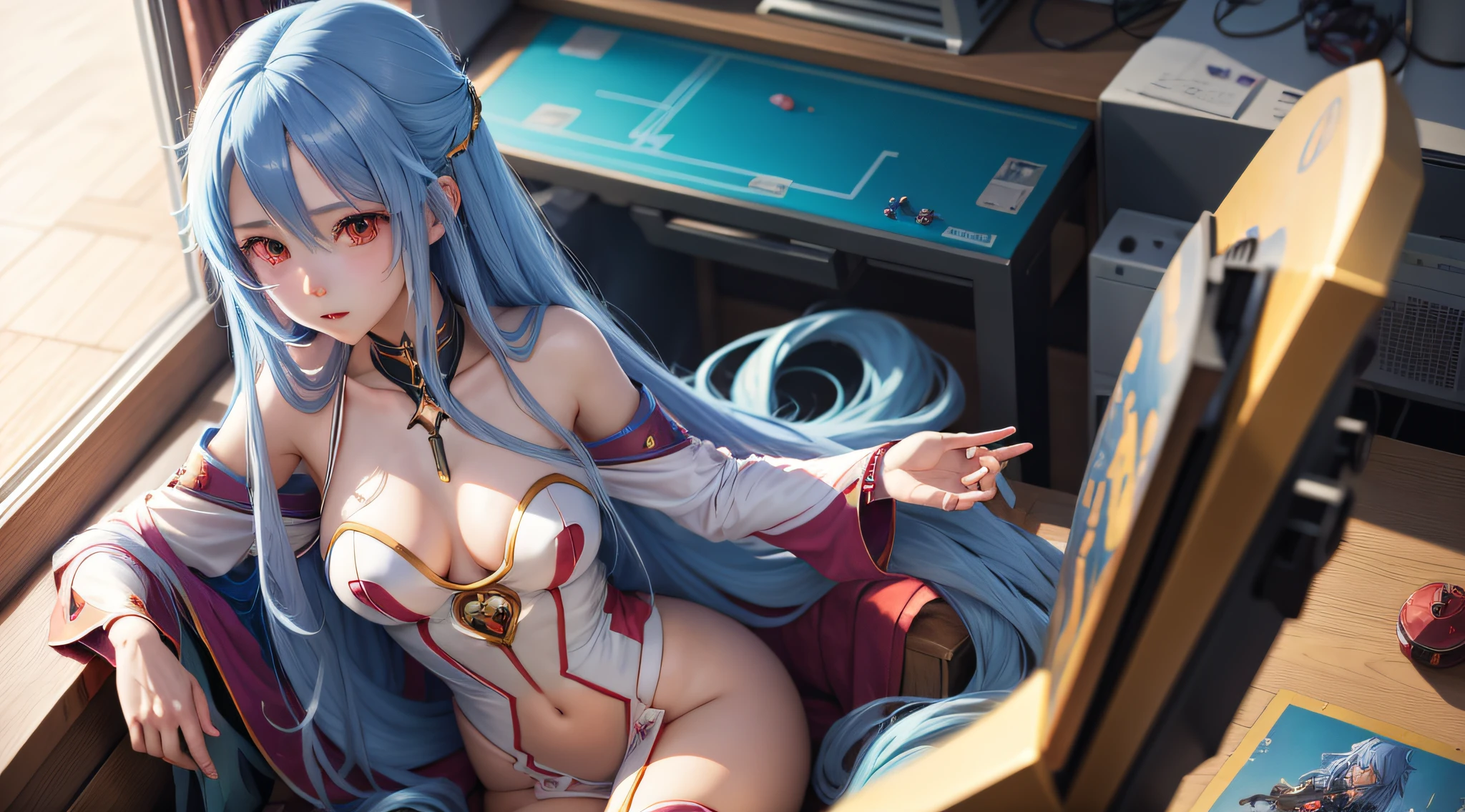 Anime girl with long hair and big chest Long blue hair sitting in gaming room Detailed anime art, Anime Style 4K Seductive Anime Girl, beautiful anime girl, Niedlicher Anime Waifu