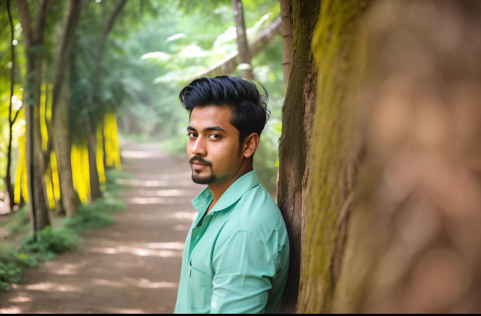 there is a man standing in a narrow path with trees, by Max Dauthendey, ayan nag, candid picture, riyahd cassiem, inspired by Bikash Bhattacharjee, in front of a forest background, * colour splash *, amidst nature, assamese aesthetic, mid shot portrait, inspired by Sunil Das, shot on sony a 7