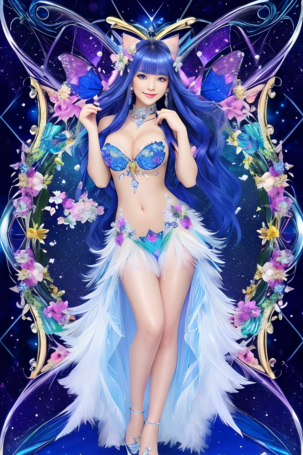 Sapphire masterpiece. 🦋 . Beautiful cat Milady with colorful bouquet. I love you master, Scene, Target Viewer, Cute smile, feather hair. Full body. 🦋 Lapis lazuli kaleidoscope puzzle pattern on glass background - glass background. Vivid iridescent colors. Details of flashes and missing. I can't believe how beautiful this is.