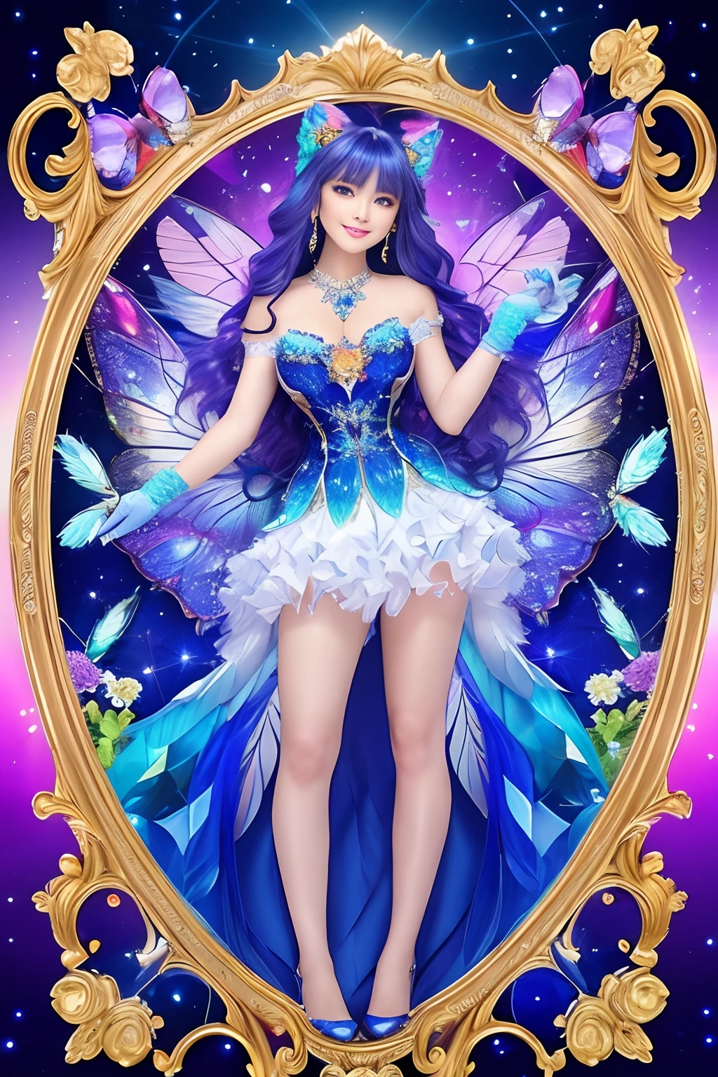 Sapphire masterpiece. 🦋 . Beautiful cat Milady with colorful bouquet. I love you master, Scene, Target Viewer, Cute smile, feather hair. Full body. 🦋 Lapis lazuli kaleidoscope puzzle pattern on glass background - glass background. Vivid iridescent colors. Details of flashes and missing. I can't believe how beautiful this is.