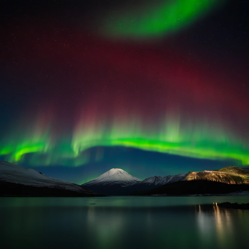Master Parts、Superior Quality、superior image quality、The 8k quality、Beautiful pictures of the starry sky、magnifica、Arched Milky Way:1.25、Mt fuji:1.5、Blue glowing lake:1.5、(Red and green aurora borealis:1.5)