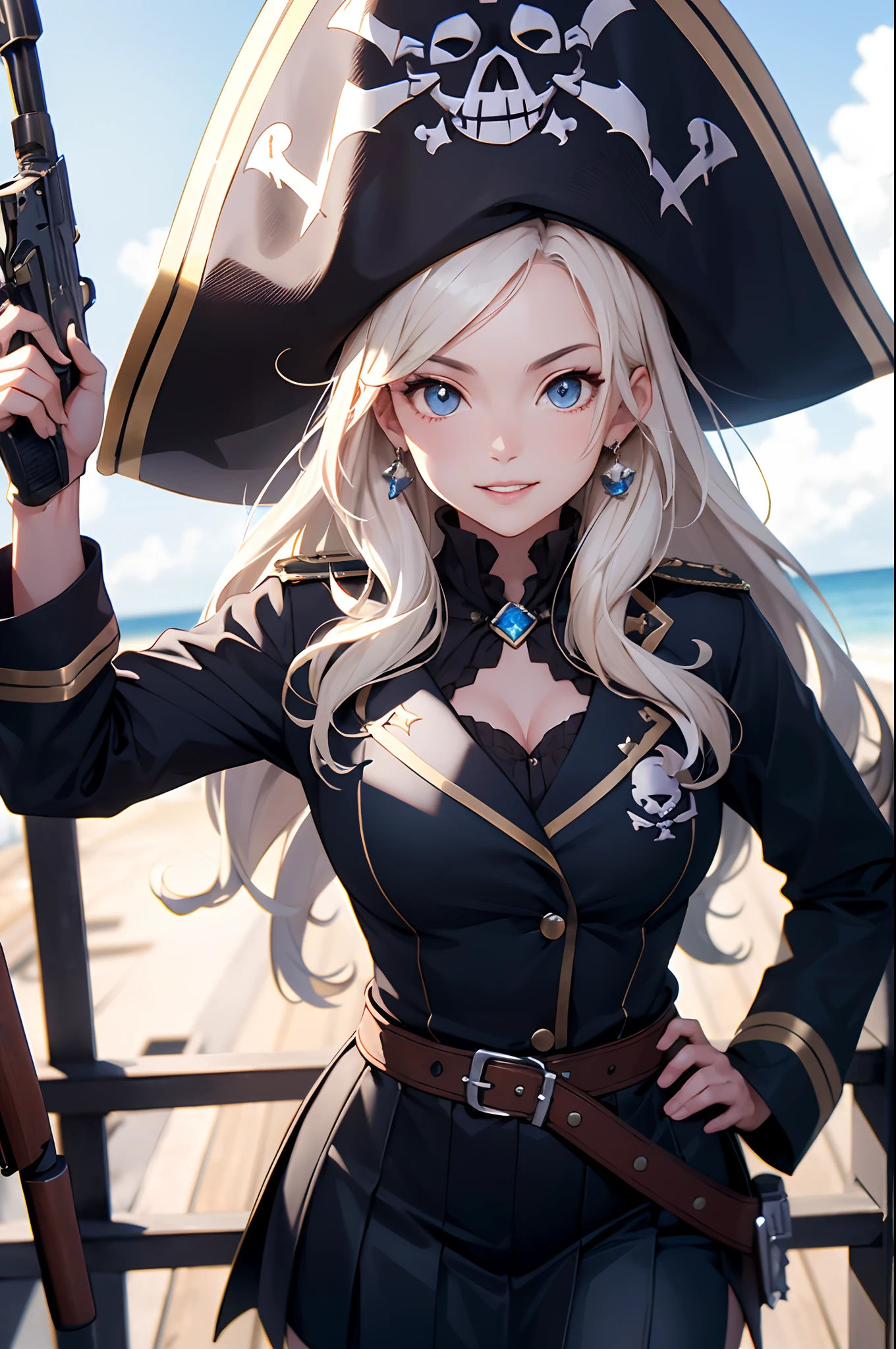(top-quality、in 8K、32K、masterpiece、nffsw、超A high resolution、Impresionismo、Photorealsitic:1.2)、Angle from above、High angle、cowboy shot, detailed faces and eyes、 On board、Pirate Ship、Evening glow、beauitful face、blurry backround、20-year-old beauty、shinny skin、Beautiful platinum blonde hair、Invincible smile、sky-blue eyes、(Holding a gun in your right hand、Left hand on hip:1.2)、Pirates costume、skirt by the、Curve、Stand on one knee、Opening legs、Be yourself、Pirate Hat