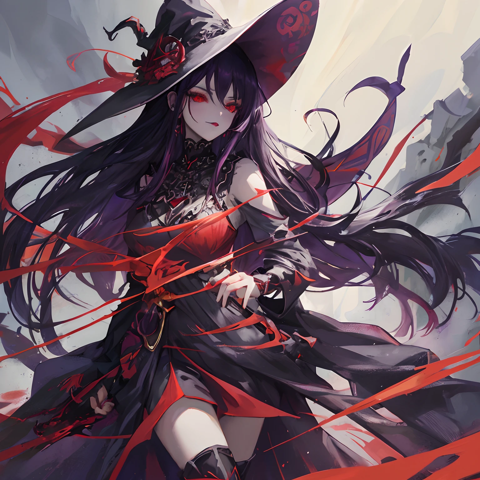 Woman, long dark purple hair, red eyes with a bright light, black long open dress, witch, silver jewelry in the shape of ribs, metal mask on half of the face, black lipstick
