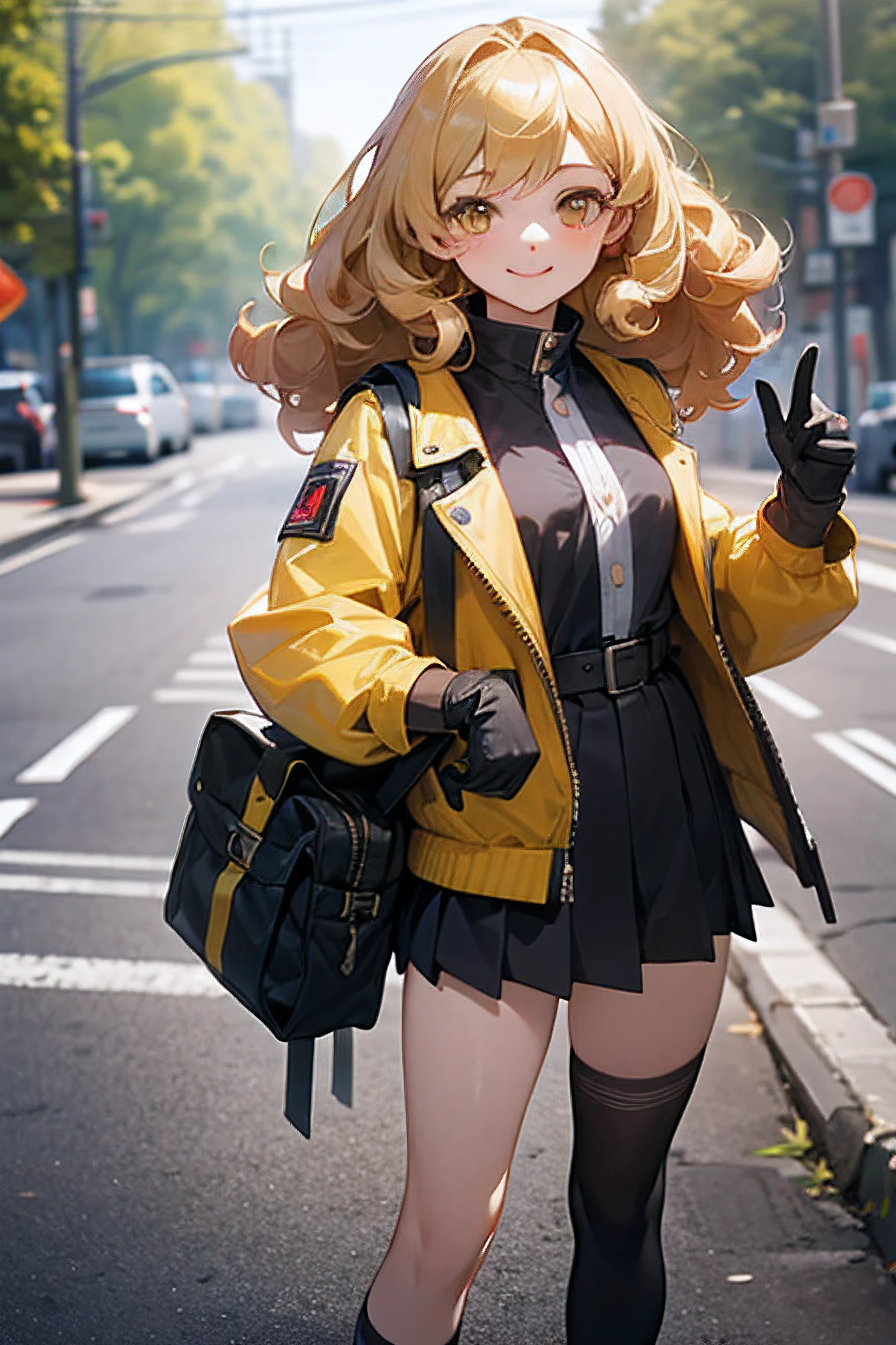 (Best Quality, Ultra-detailed, Realistic), A girl full of vitality、female high-school student、small tits、Rider's jacket、blondehair, (curly hair)、yellow eyes、medium hair、gloves、Cheerful smile、Stand in front of a street tree