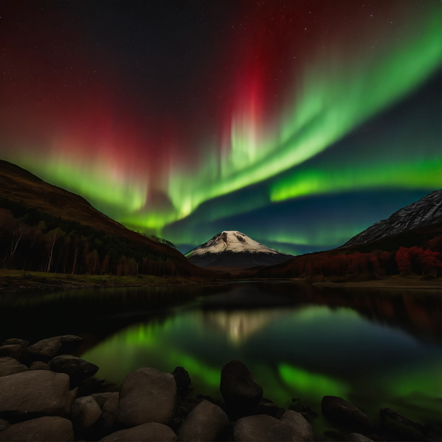Master Parts、Superior Quality、superior image quality、The 8k quality、Beautiful pictures of the starry sky、magnifica、Arched Milky Way:1.25、Mt fuji:1.5、Blue glowing lake:1.5、(Red and green aurora borealis:1.5)