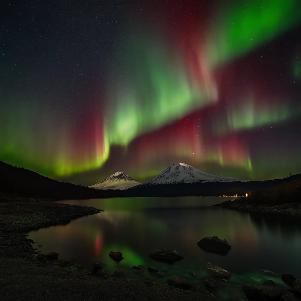 Master Parts、Superior Quality、superior image quality、The 8k quality、Beautiful pictures of the starry sky、magnifica、Arched Milky Way:1.25、Mt fuji:1.5、Blue glowing lake:1.5、(Red and green aurora borealis:1.5)