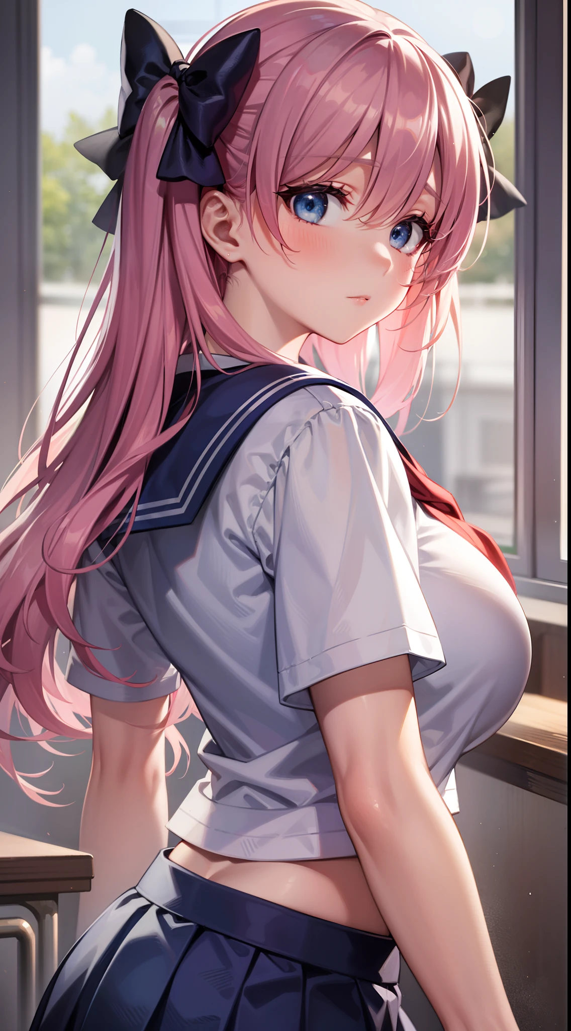 nodokaharamura, nodoka haramura, blue eyes, hair bow, long hair, pink hair, bow,
BREAK blue skirt, kiyosumi school uniform, pleated skirt, school uniform, serafuku, skirt,
BREAK looking at viewer,
BREAK indoors, classroom,
BREAK (masterpiece:1.2), best quality, high resolution, unity 8k wallpaper, (illustration:0.8), (beautiful detailed eyes:1.6), extremely detailed face, perfect lighting, extremely detailed CG, (perfect hands, perfect anatomy),gigantic breasts