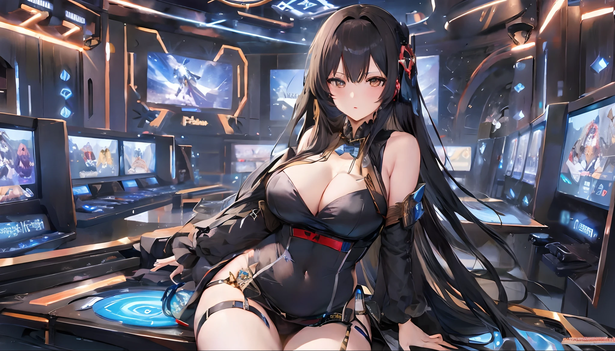 Eine Frau in einem schwarzen Kleid sitzt vor einem Computer, Aus dem Videospiel Azur Lane, von Girls Frontline, Azur-Lane-Stil, Ayaka Genshin Impact, Feine Details. girls frontline, seductive anime girl, Cushart Krenz Key Art Feminin, Charaktere aus Azur Lane, Biomechanische Oppai, Girls Frontline Universe