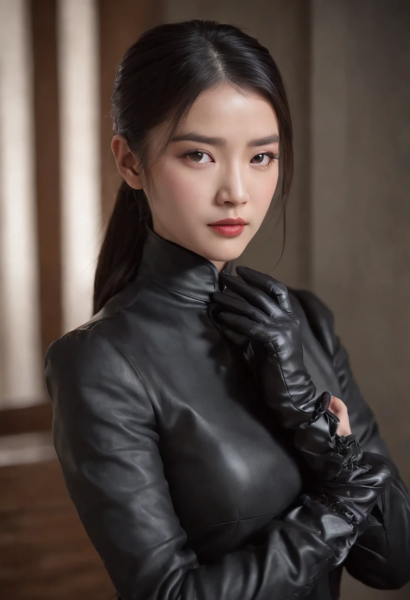 A close up of a woman in a black leather jacket - SeaArt AI