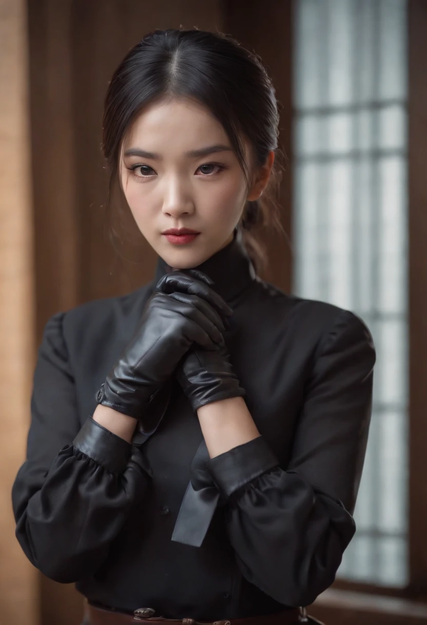 Black leather gloves, black suit, black hair, ponytail, Japanese girl, ribbon tie blouse, upper half