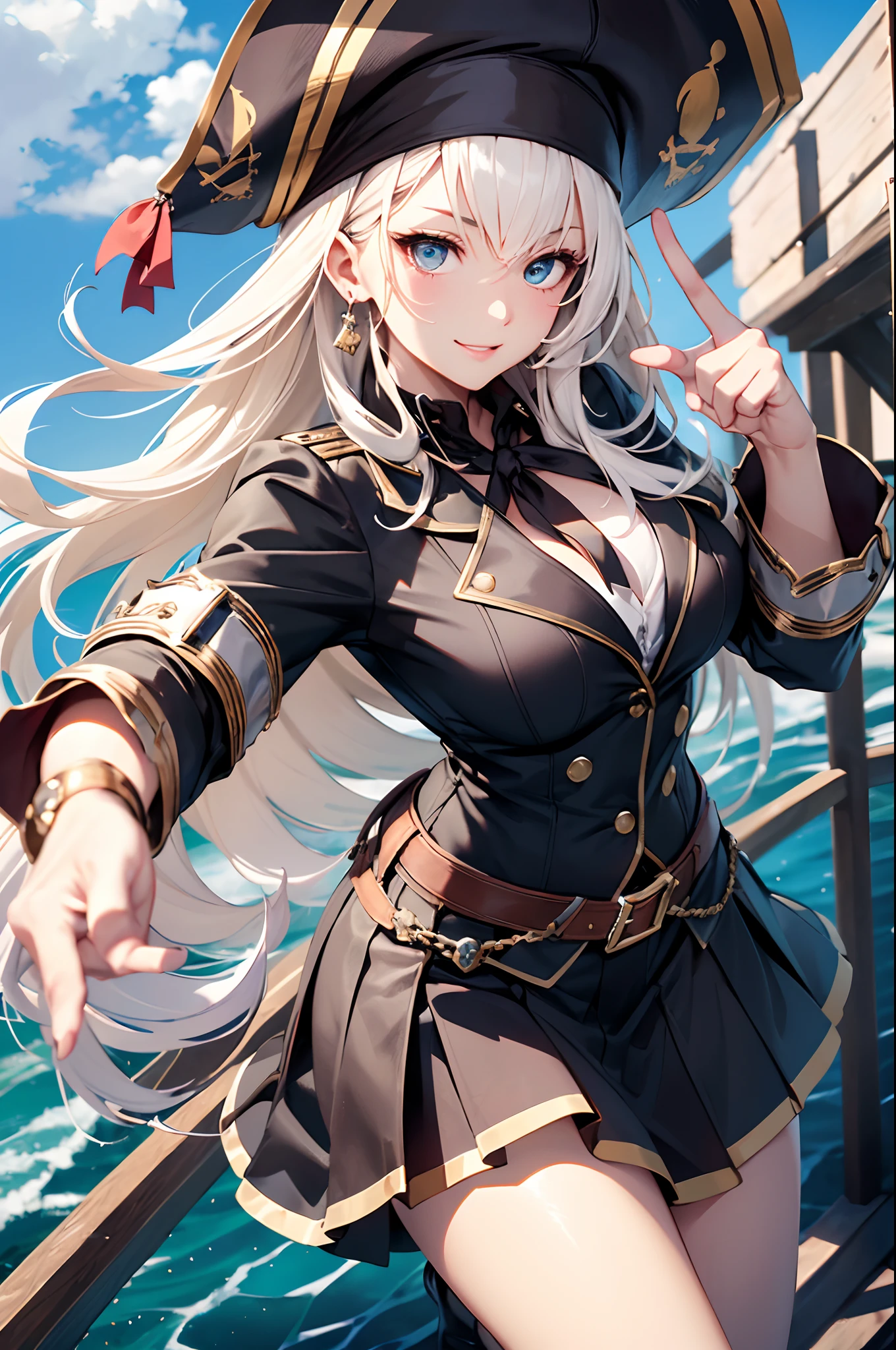 (top-quality、in 8K、32K、​masterpiece、nffsw、超A high resolution、Impresionismo、Photorealsitic:1.2)、Angle from above、High angle、cowboy  shot, detailed faces and eyes、 On board、Pirate Ship、Evening glow、beauitful face、blurry backround、20-year-old beauty、shinny skin、Beautiful platinum blonde hair、Invincible smile、sky-blue eyes、(Pointing with your right hand、Left hand on hip:1.2)、Pirates costume、skirt by the、Curve、Stand on one knee、Opening legs、Be yourself、Pirate Hat