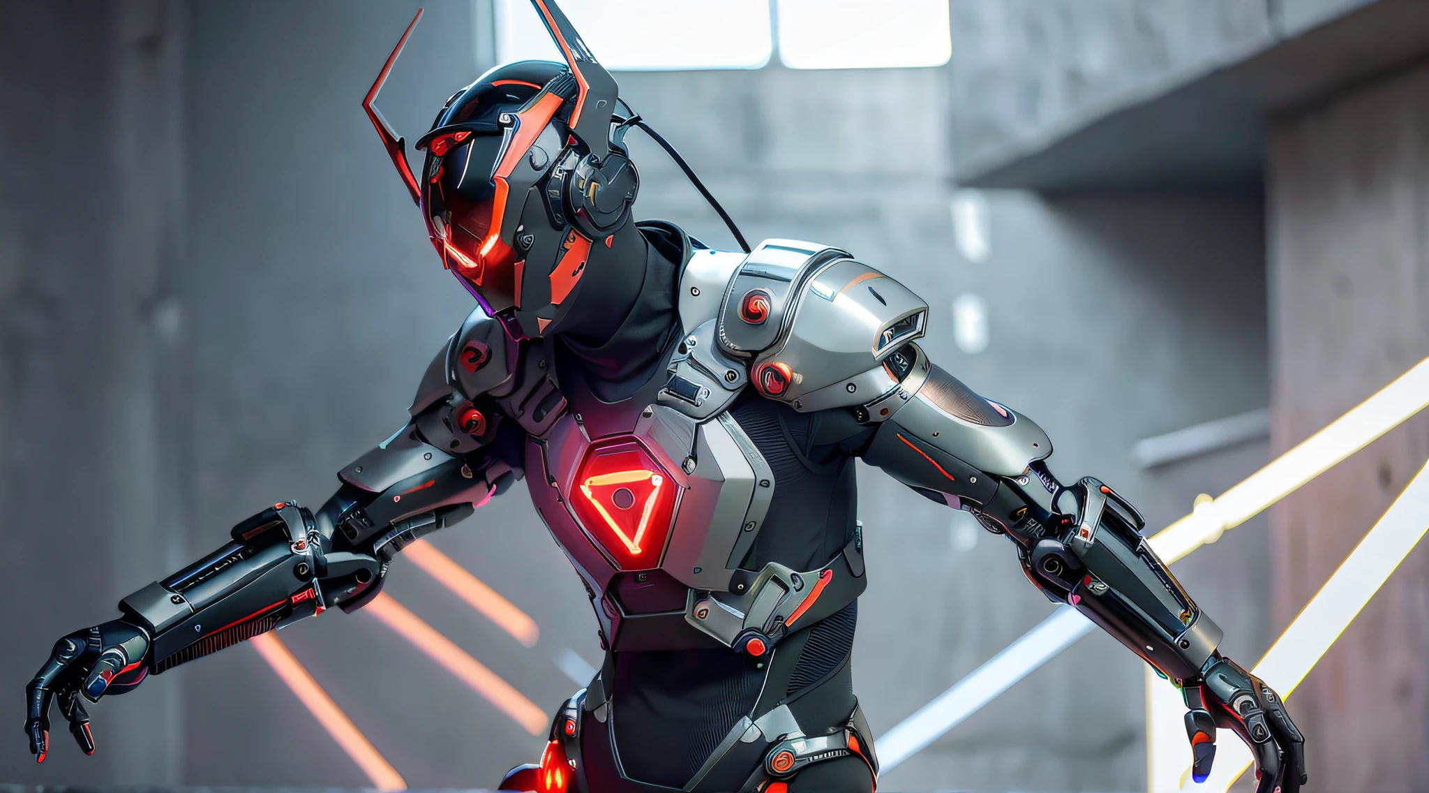 masterpiece, best quality, a close up of a futuristic looking cyborg man with a fantastic cyber helmet head with red triangle led lights and a halo, full body, dancing. dance. synthwave ballad. silver pants. wearing a orange techwear jacket, white background