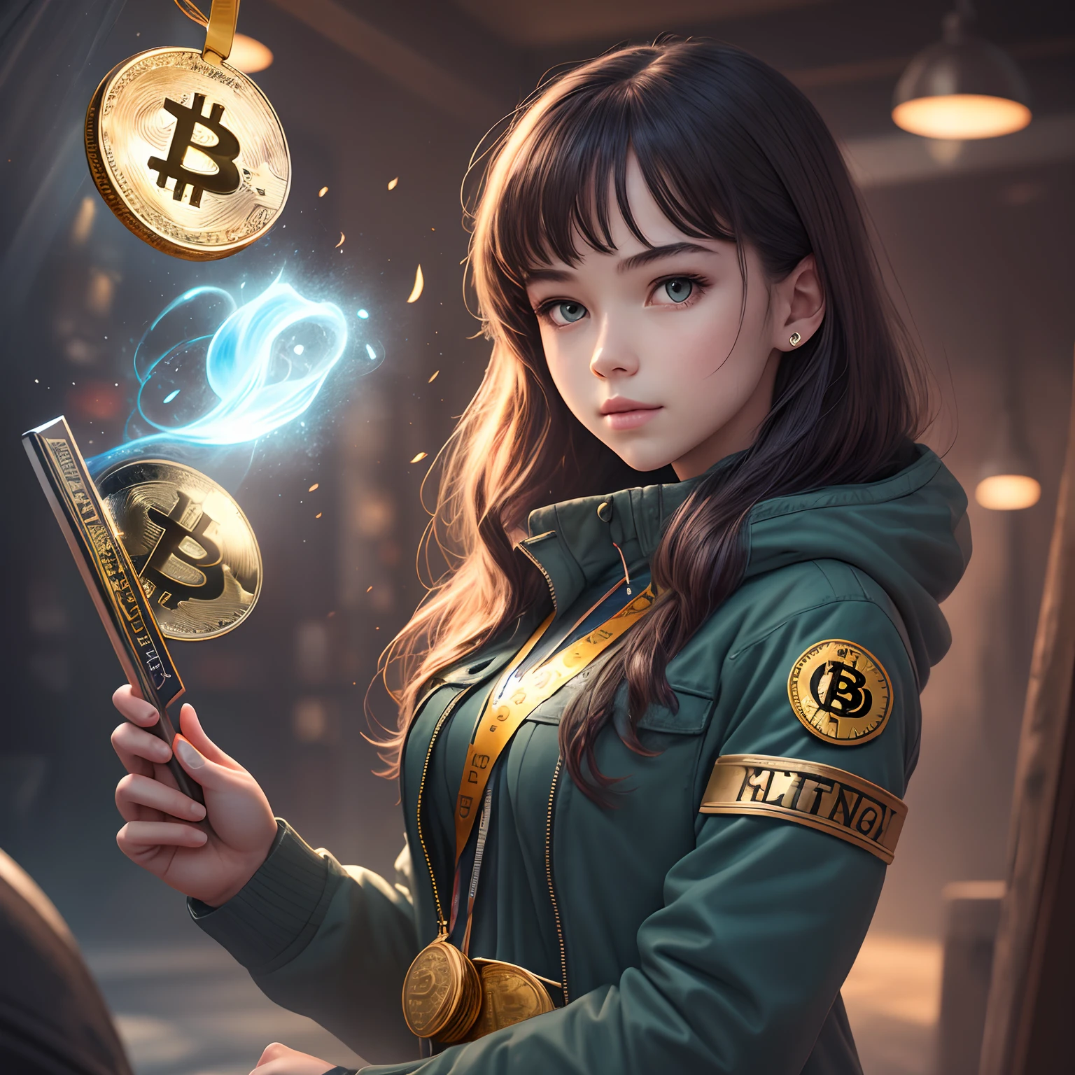 hero girl, smart, bravery, beautiful, lit, bitcoin medal landscap 8k ultra hd