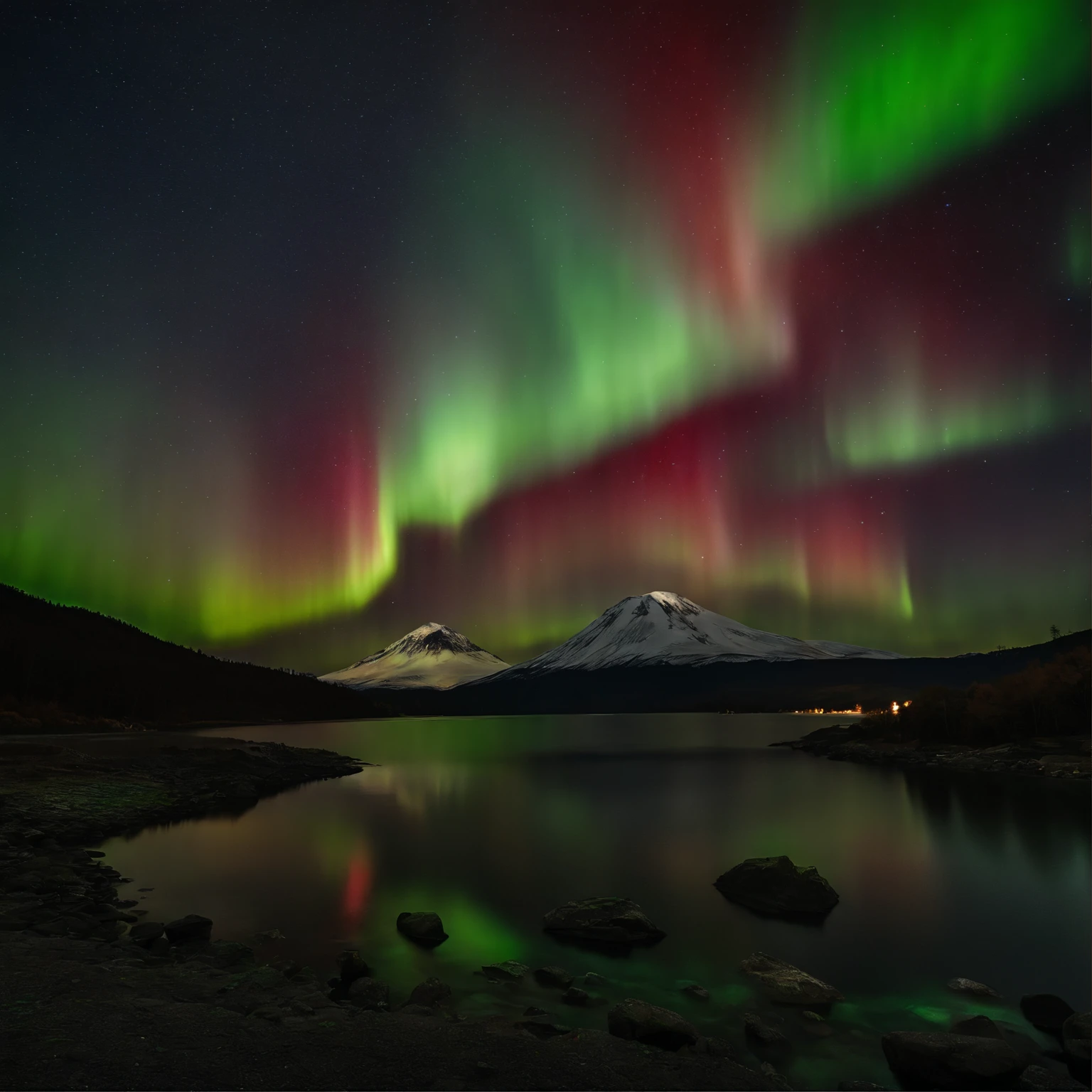 Master Parts、Superior Quality、superior image quality、The 8k quality、Beautiful pictures of the starry sky、magnifica、Arched Milky Way:1.25、Mt fuji:1.5、Blue glowing lake:1.5、(Red and green aurora borealis:1.5)