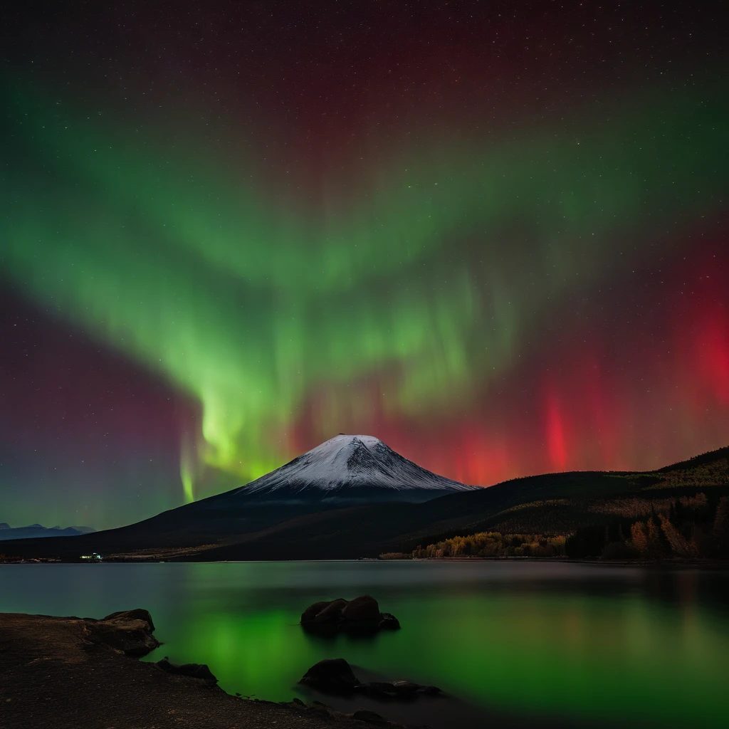 Master Parts、Superior Quality、superior image quality、The 8k quality、Beautiful pictures of the starry sky、magnifica、Mt fuji:1.9、Blue glowing lake:1.5、(Red and green aurora borealis:1.5)