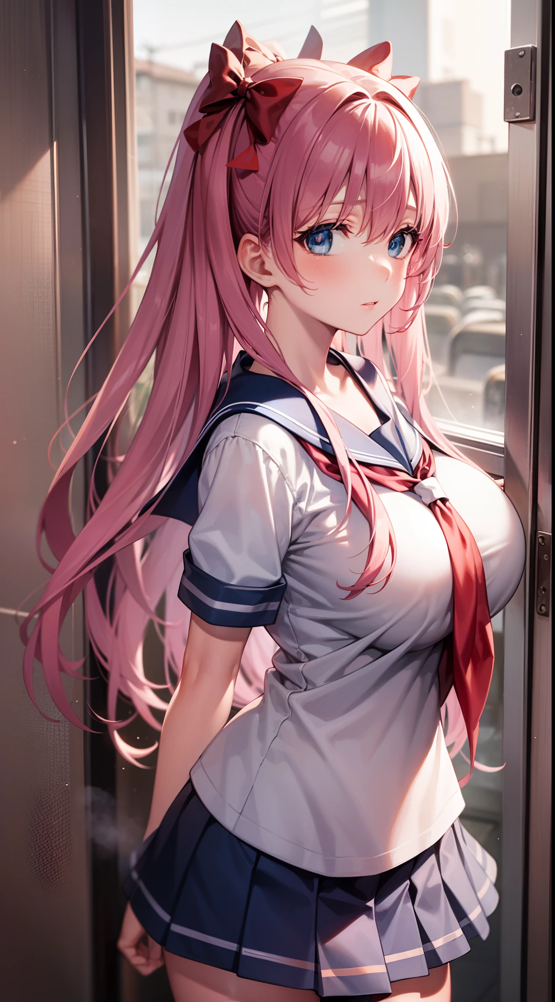 nodokaharamura, Nodoka Haramura, Blue eyes, Hair Bow, Long hair, Pink hair, Bow,
Blake Blue Mini Skirt, Kiyosumi school uniform, Pleated miniskirt, School uniform, serafuku, Wearing a miniskirt,
BREAK looking at viewer,
Break indoors, crass room,
BREAK (masutepiece:1.2), Best Quality, High resolution, Unity 8k壁纸, (Illustration:0.8), (Beautiful detailed eyes:1.6), extra detailed face, Perfect Lighting, extremely details CG, (Perfect hands, Perfect Anatomy),huge-breasted