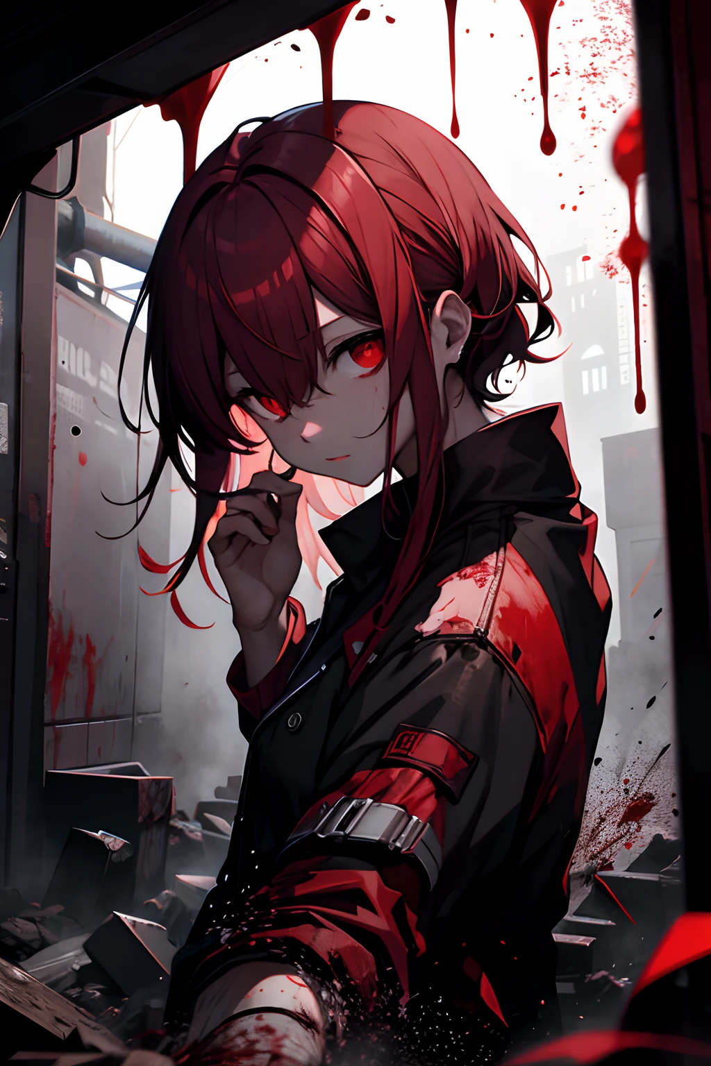 dead body、Blood everywhere、blood splashing、dark hue、Red hue、