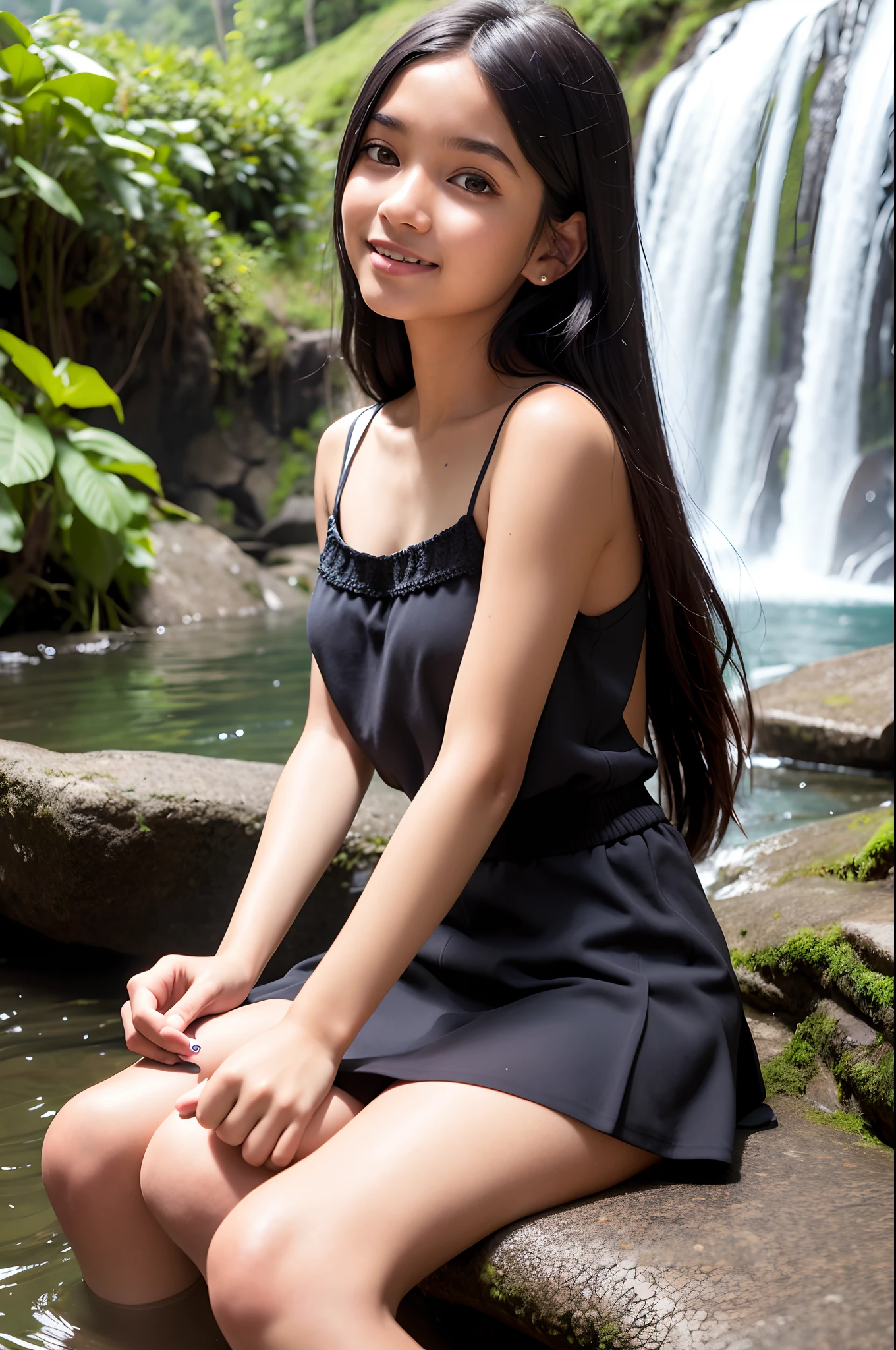 Beautiful, realistic,-yeld, SLankan, girl with long black hair Wearing a short skirt and brawoman sitting in the water in a river, next to a waterfall, in water up to her shoulders, cute girl, in the water, in a river in the jungle, topless, short skirt,  layered clothing, open neck, close up, depth of field,  playing in waterfalls, with waterfalls,  running water, smile, depth of field, overcast, misty