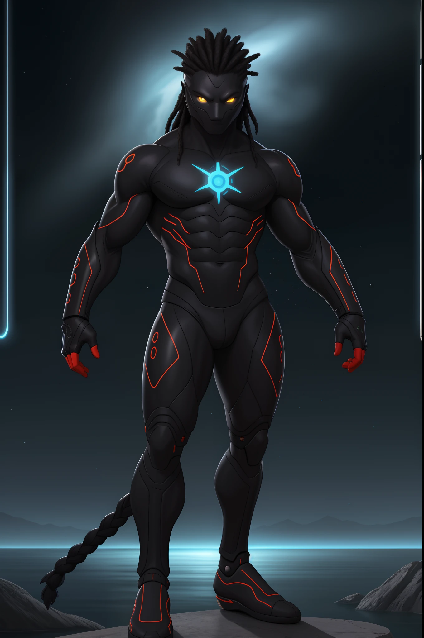 Biomechanical creature in humanoid form, com pele opalescente e escamas, master part, absolutamente perfeito, imagem impressionante, visualmente rico, intrinsecamente detalhado, arte conceitual, por Mschiffer, Bright holographic, cinemactic, papel de parede uhd, ........3d, octan render, Volumetric lights, Full body Create an image of a black ninja after an apocalypse in the future, afro cabelo caindo para frente, Rasta type but braided,tiro de corpo inteiro, tiro de corpo inteiro, , Lightning in the sky, arms extended, olhando para frente, parado no topo de uma montanha, manto e capa vermelhos, cruz brilhante no ar. ,Arte Luz Neon, no escuro da noite, Um navio alto navega pelos mares iluminados pela ,....lua, estrelas, Colouring, circunstanciado, 4k