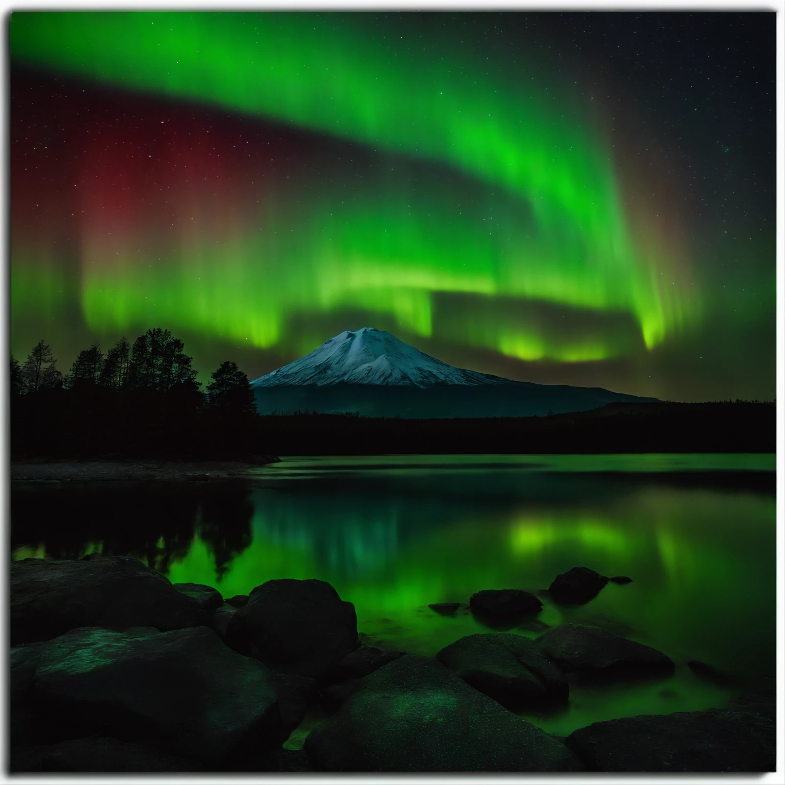 Master Parts、Superior Quality、superior image quality、The 8k quality、Beautiful pictures of the starry sky、magnifica、Mt fuji:1.9、Blue glowing lake:1.5、(Red and green aurora borealis:1.5)