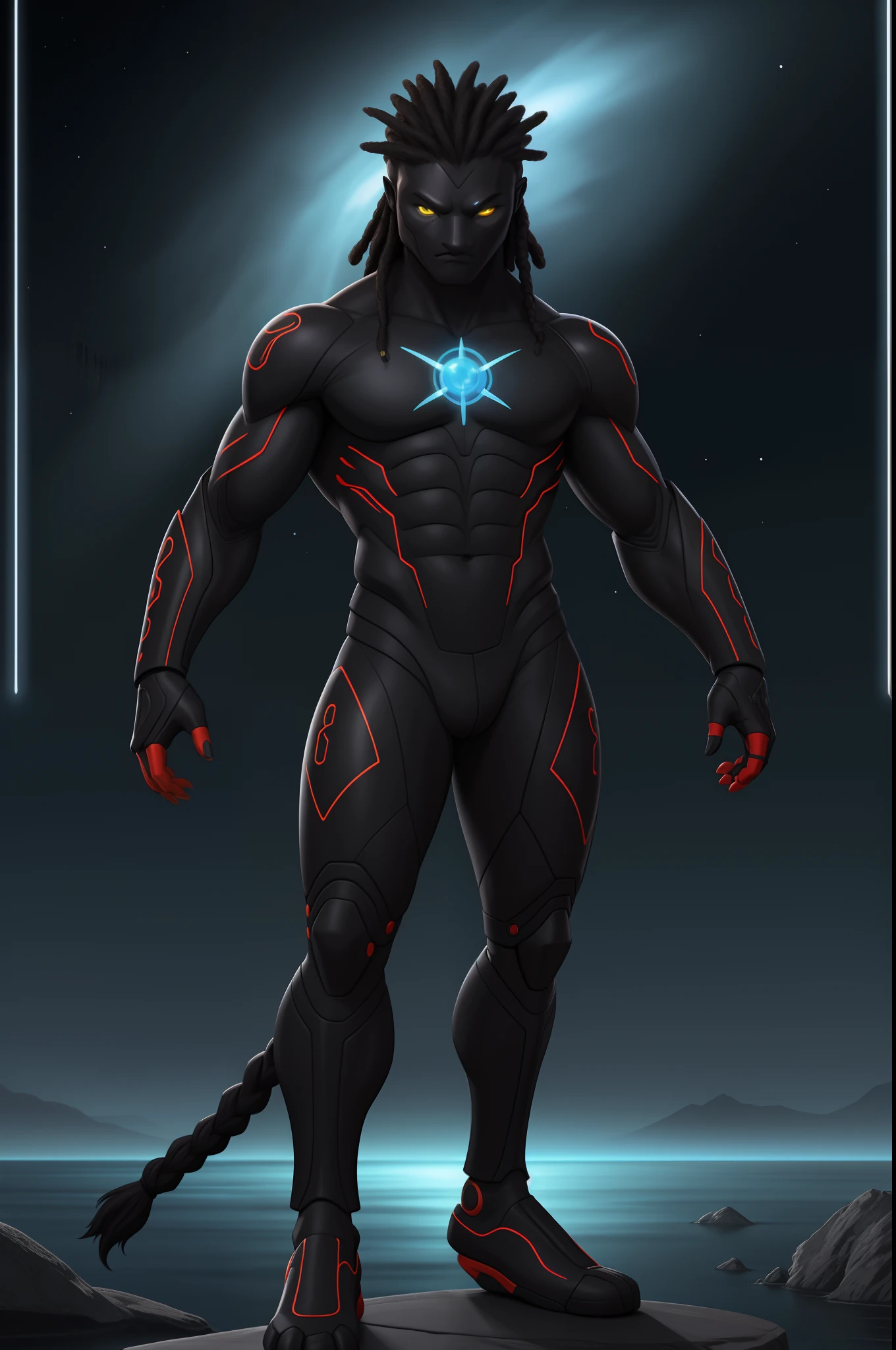 Biomechanical creature in humanoid form, com pele opalescente e escamas, master part, absolutamente perfeito, imagem impressionante, visualmente rico, intrinsecamente detalhado, arte conceitual, por Mschiffer, Bright holographic, cinemactic, papel de parede uhd, ........3d, octan render, Volumetric lights, Full body Create an image of a black ninja after an apocalypse in the future, afro cabelo caindo para frente, Rasta type but braided,tiro de corpo inteiro, tiro de corpo inteiro, , Lightning in the sky, arms extended, olhando para frente, parado no topo de uma montanha, manto e capa vermelhos, cruz brilhante no ar. ,Arte Luz Neon, no escuro da noite, Um navio alto navega pelos mares iluminados pela ,....lua, estrelas, Colouring, circunstanciado, 4k