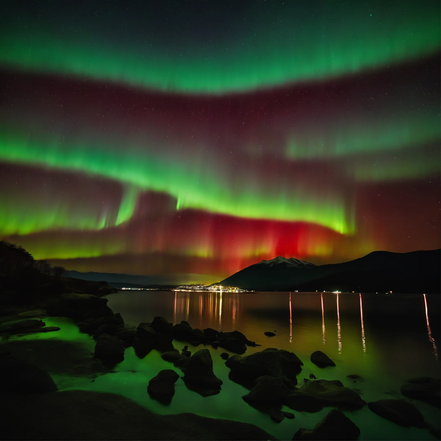 Master Parts、Superior Quality、superior image quality、The 8k quality、Beautiful pictures of the starry sky、magnifica、Mt fuji:1.9、Blue glowing lake:1.5、(Red and green aurora borealis:1.5)