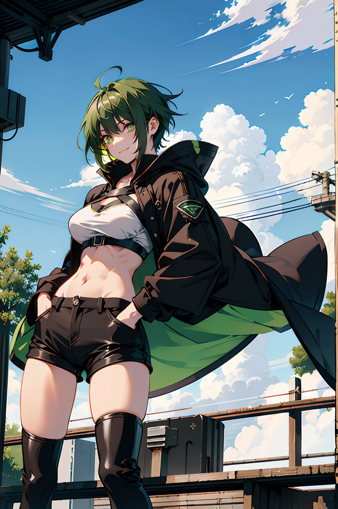 Pure sky,mechanical leg,Black mechanical legs,Plump legs,Green gem setting,Anime girl standing gracefully on the ground,Black cape and green hair, rogue anime girl, Anime girl standing, Wearing a cloak on the blasted plain, asuka suit under clothes!, Cyborg girl, badass posture, mechanic punk outfit, anime styled 3d, render of a cute 3d anime girl, gapmoe yandere grimdark, Female character,musculature,Abs,Glowing green eyes,Black hair with green gradient,short detailed hair,Bunched hair,Dull hair,(Muscle 2.0),Tomboyish,Be red in the face,looking at viewert,Elaborate Eyes,Black mechanical legs,huge tit,1.5,Put your hands in your pockets,ssmile,blacksilk,Straight big breasts,strappy,Black openwork hot pants,White bandeau,Toothless smile,Lower breast,Mechanical wind,There are no cities,Side breasts