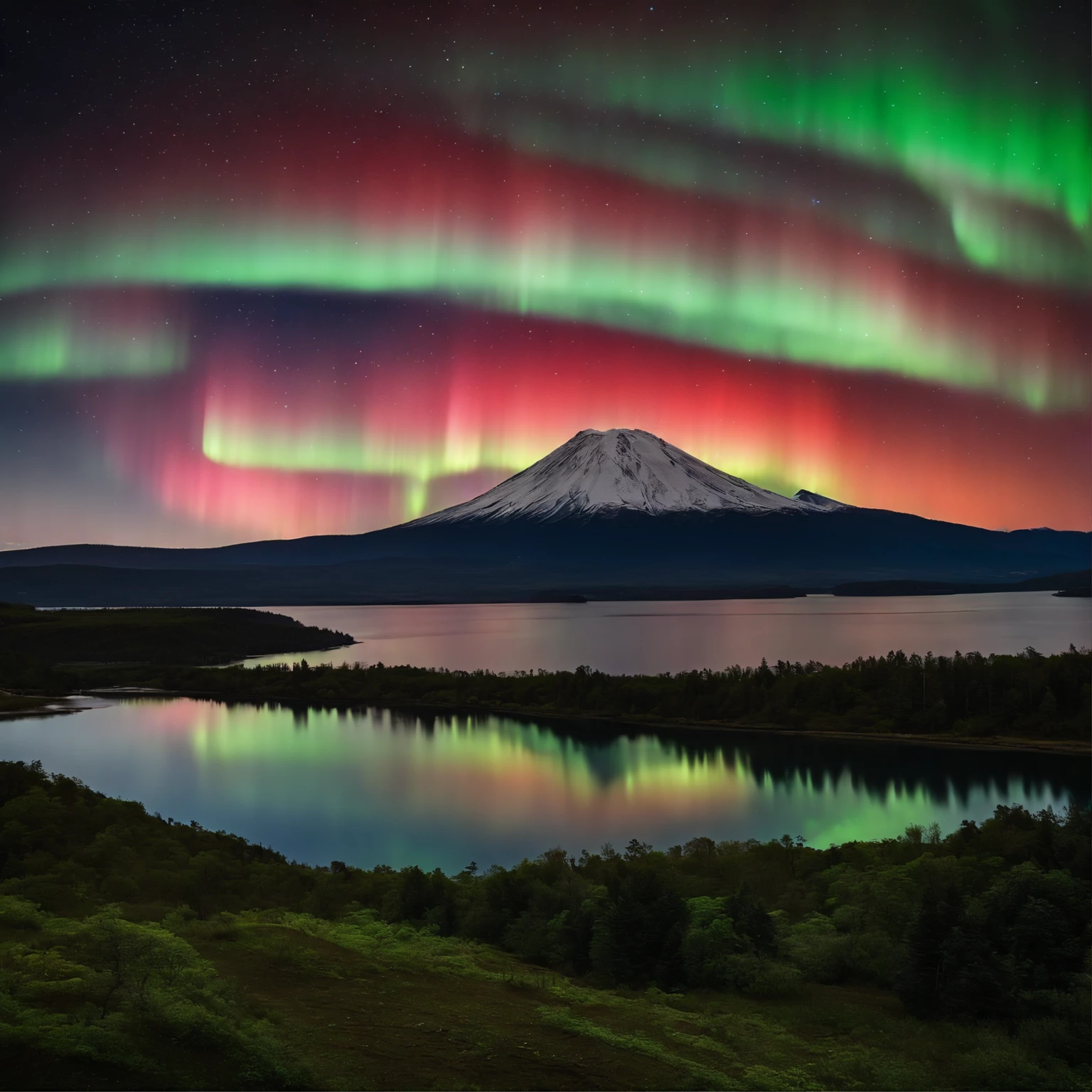 Master Parts、Superior Quality、superior image quality、The 8k quality、Beautiful pictures of the starry sky、magnifica、Mt fuji:1.9、Blue glowing lake:1.5、(Red and green aurora borealis:1.5)