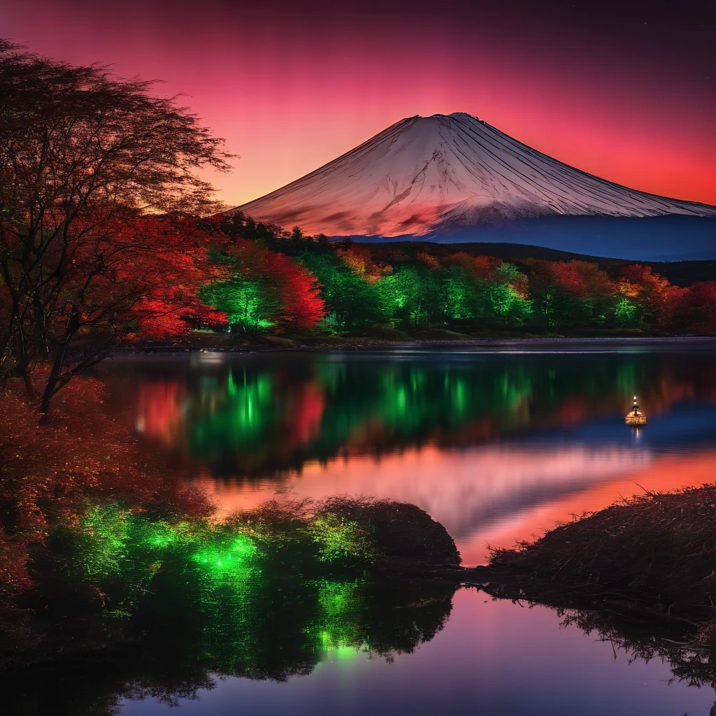 Master Parts、Superior Quality、superior image quality、The 8k quality、Beautiful pictures of the starry sky、magnifica、(Mt fuji:1.9)、Blue glowing lake:1.5、(Red and green aurora borealis:1.5)